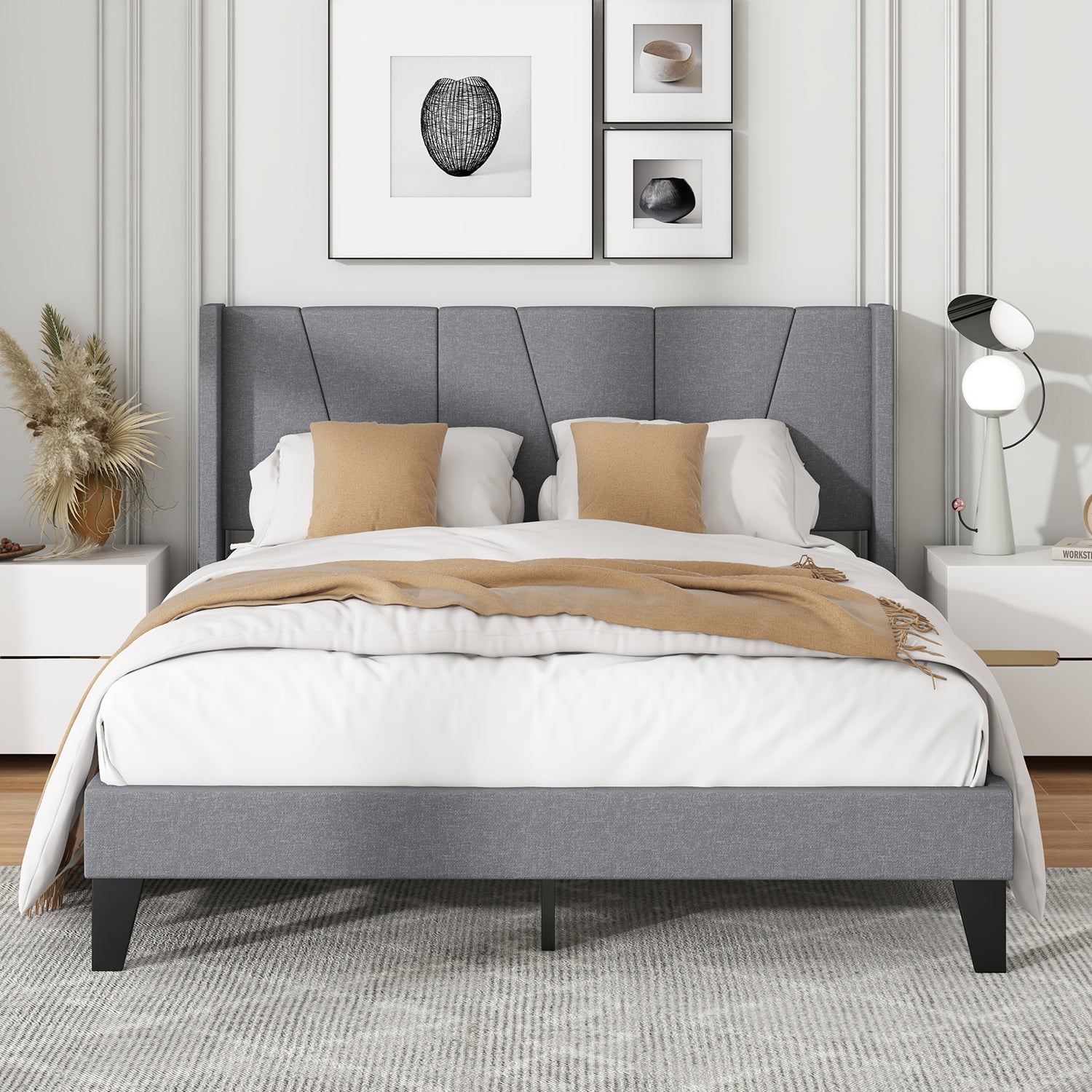 Full/Queen Size Bed Frame with Wingback Headboard and Wood Slat Support