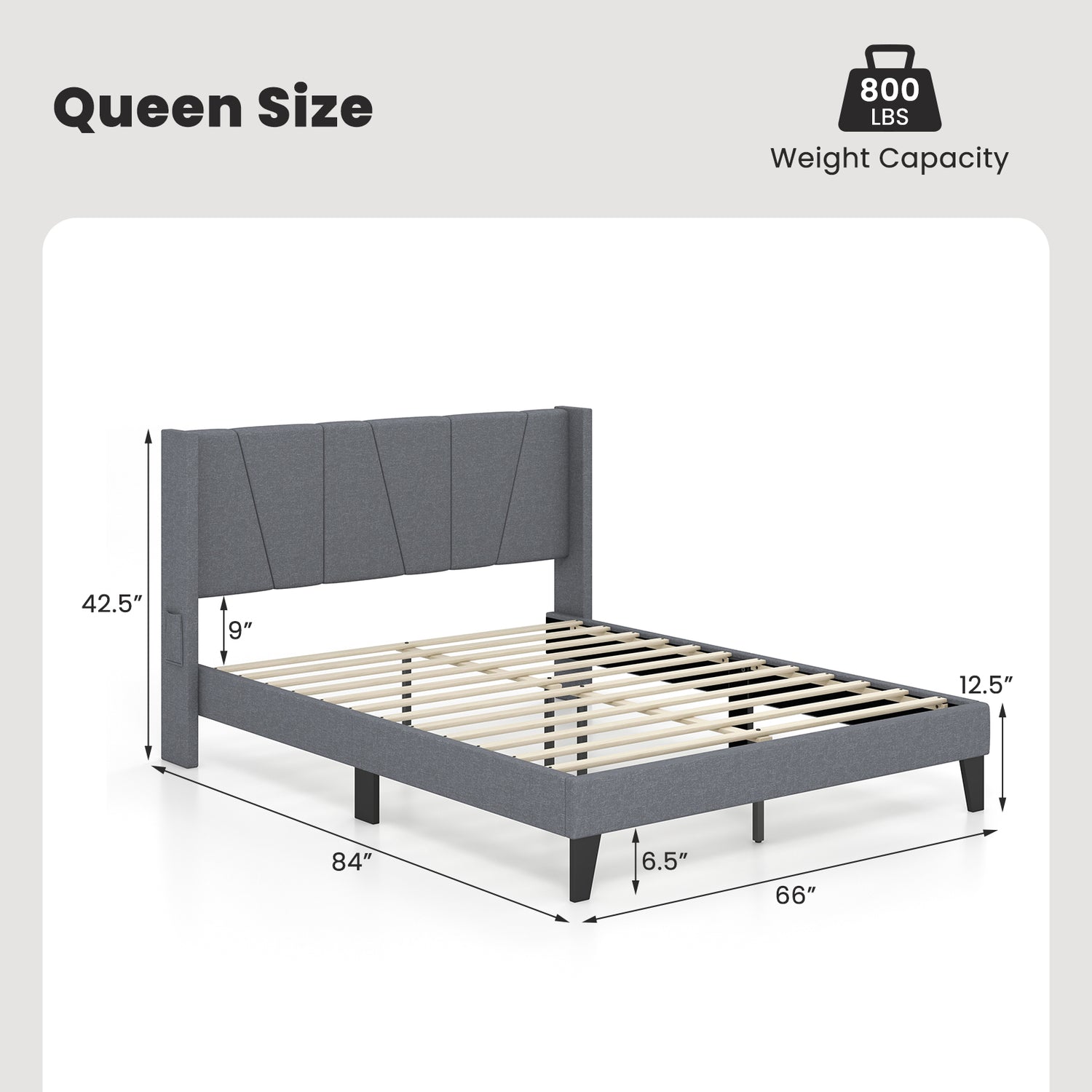 Full/Queen Size Bed Frame with Wingback Headboard and Wood Slat Support