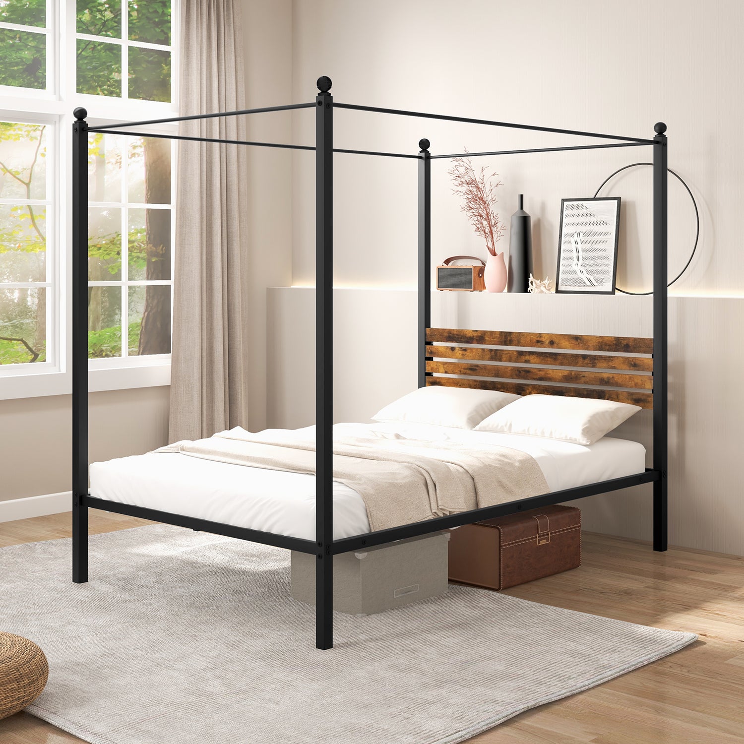 Queen Size Canopy Bed Frame with Under Bed Storage