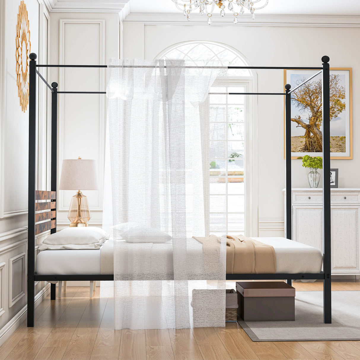 Queen Size Canopy Bed Frame with Under Bed Storage
