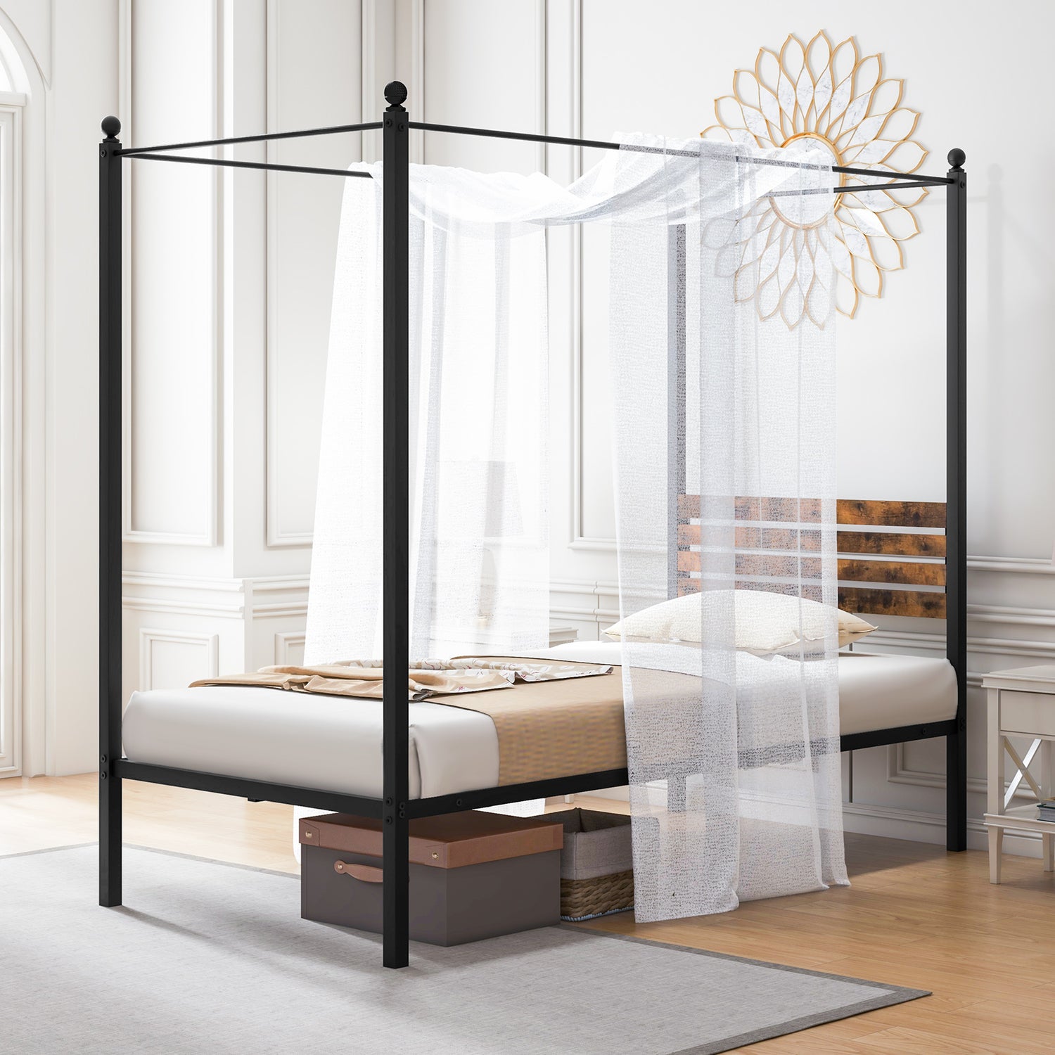 Queen Size Canopy Bed Frame with Under Bed Storage
