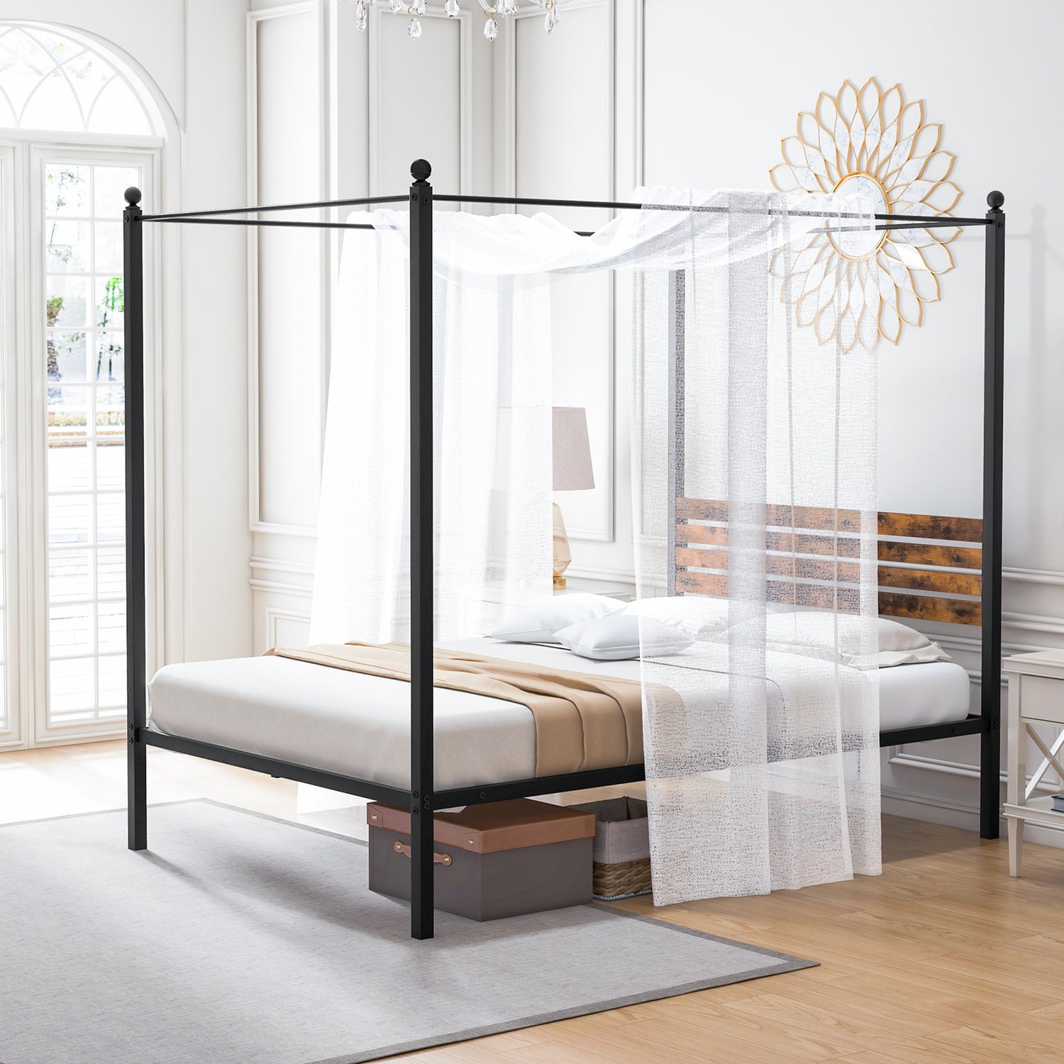 Queen Size Canopy Bed Frame with Under Bed Storage