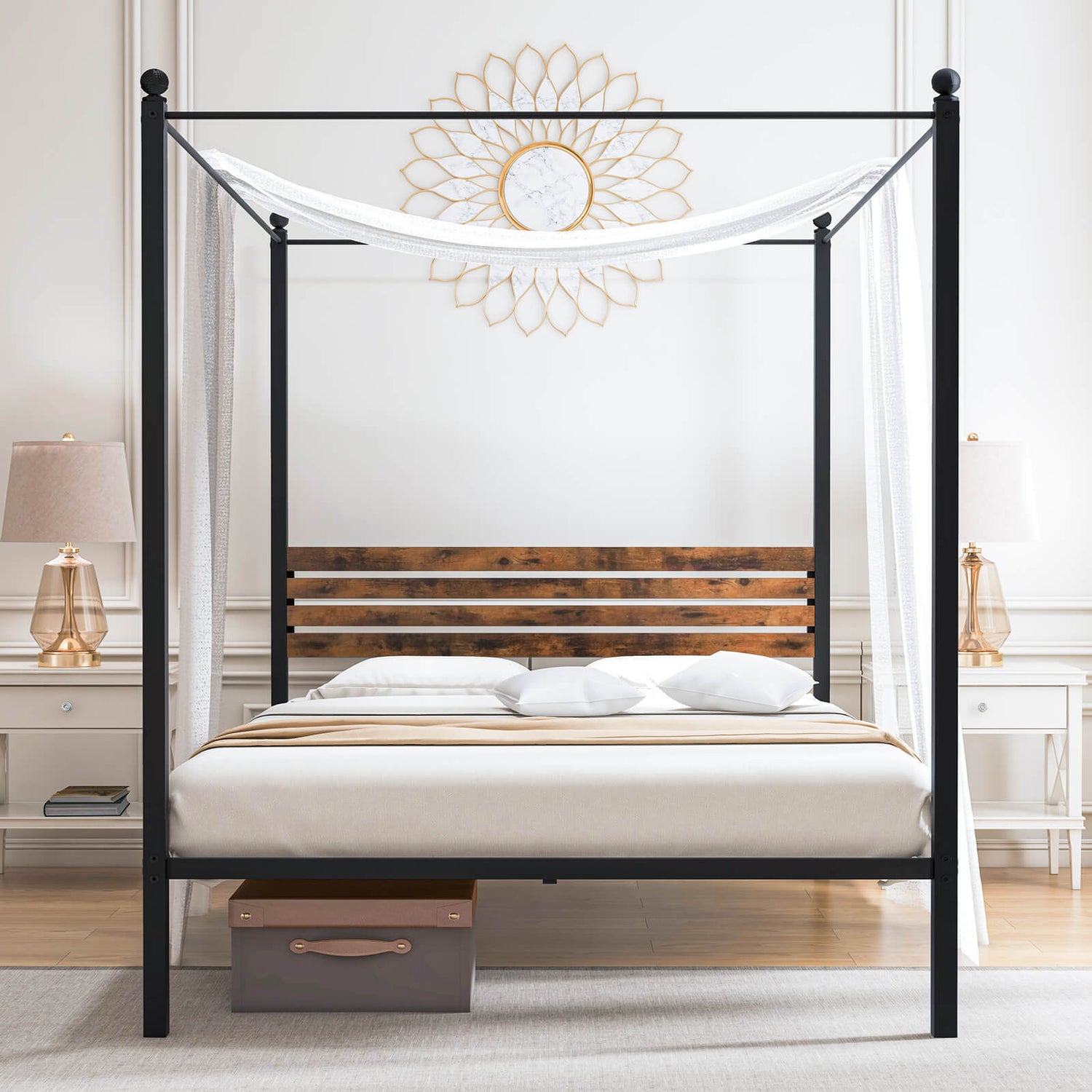 Queen Size Canopy Bed Frame with Under Bed Storage