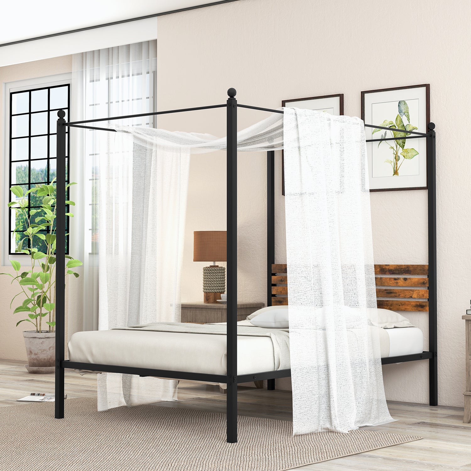 Queen Size Canopy Bed Frame with Under Bed Storage