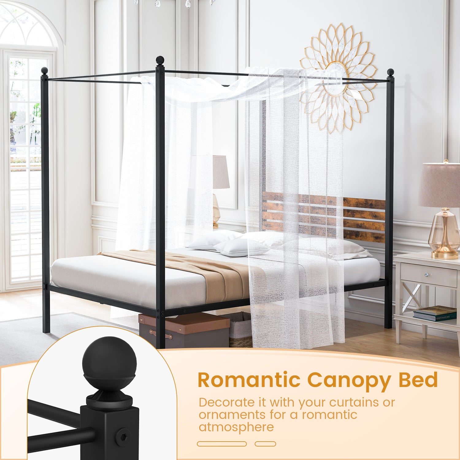 Queen Size Canopy Bed Frame with Under Bed Storage