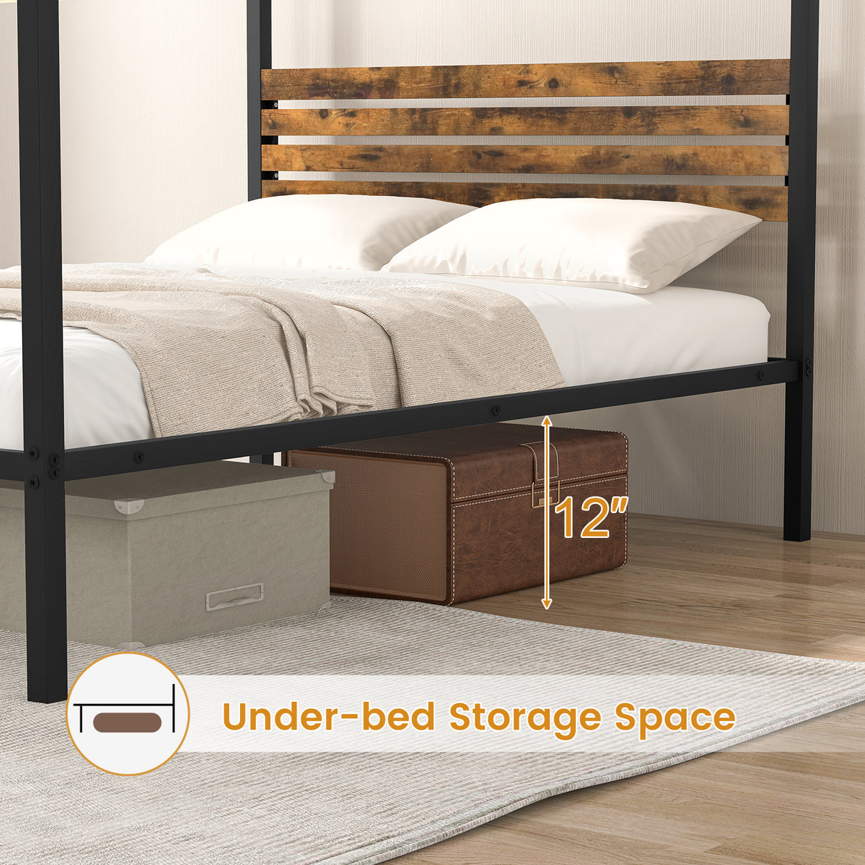 Queen Size Canopy Bed Frame with Under Bed Storage