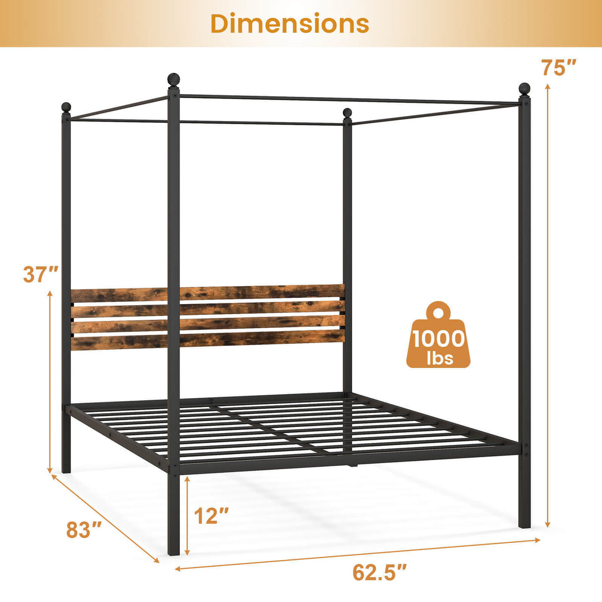 Queen Size Canopy Bed Frame with Under Bed Storage