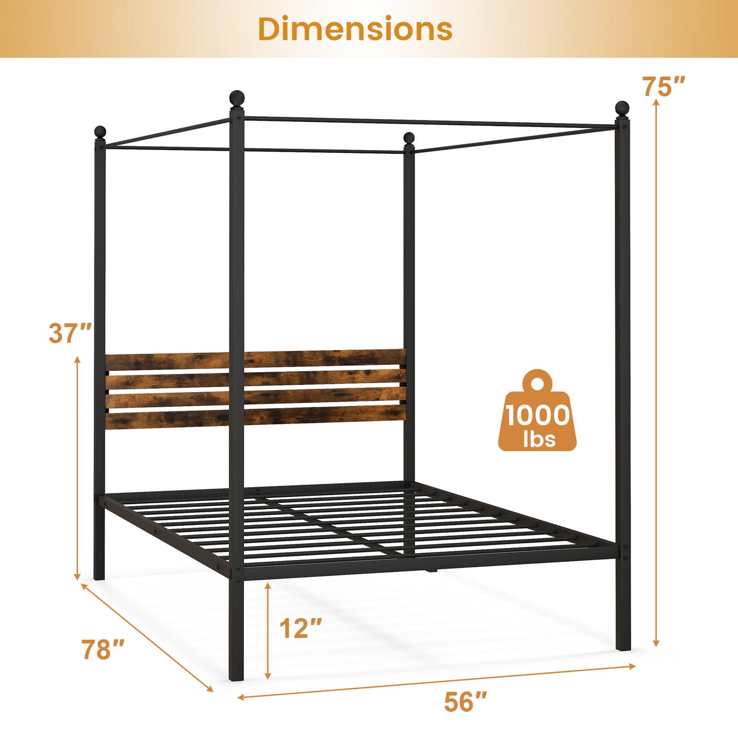 Queen Size Canopy Bed Frame with Under Bed Storage