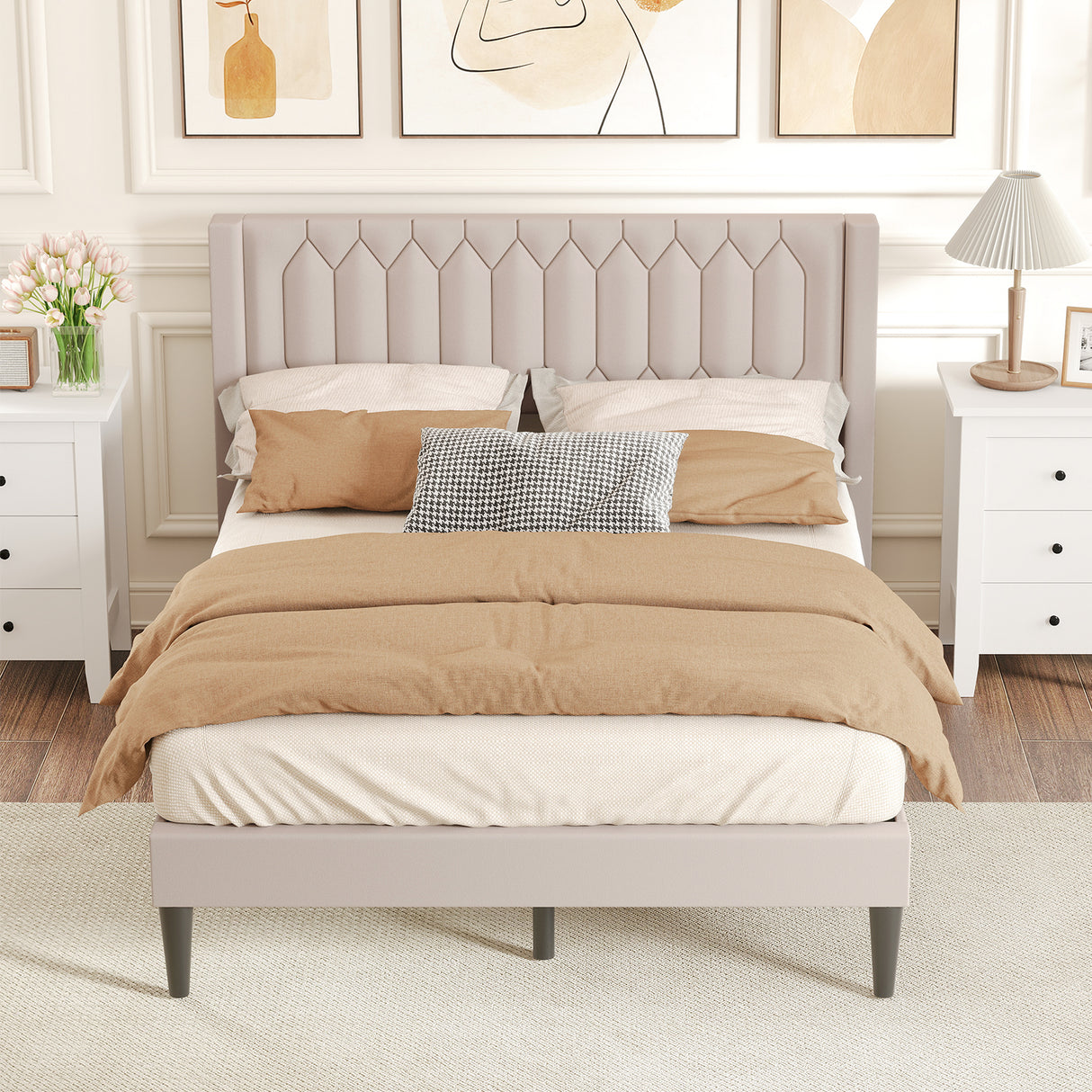 Queen Size Dutch Velvet/Linen Fabric Upholstered Platform Bed with Wingback Headboard and Wooden Slat Support