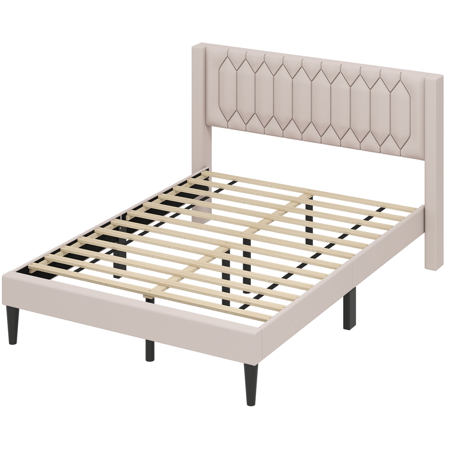 Queen Size Dutch Velvet/Linen Fabric Upholstered Platform Bed with Wingback Headboard and Wooden Slat Support
