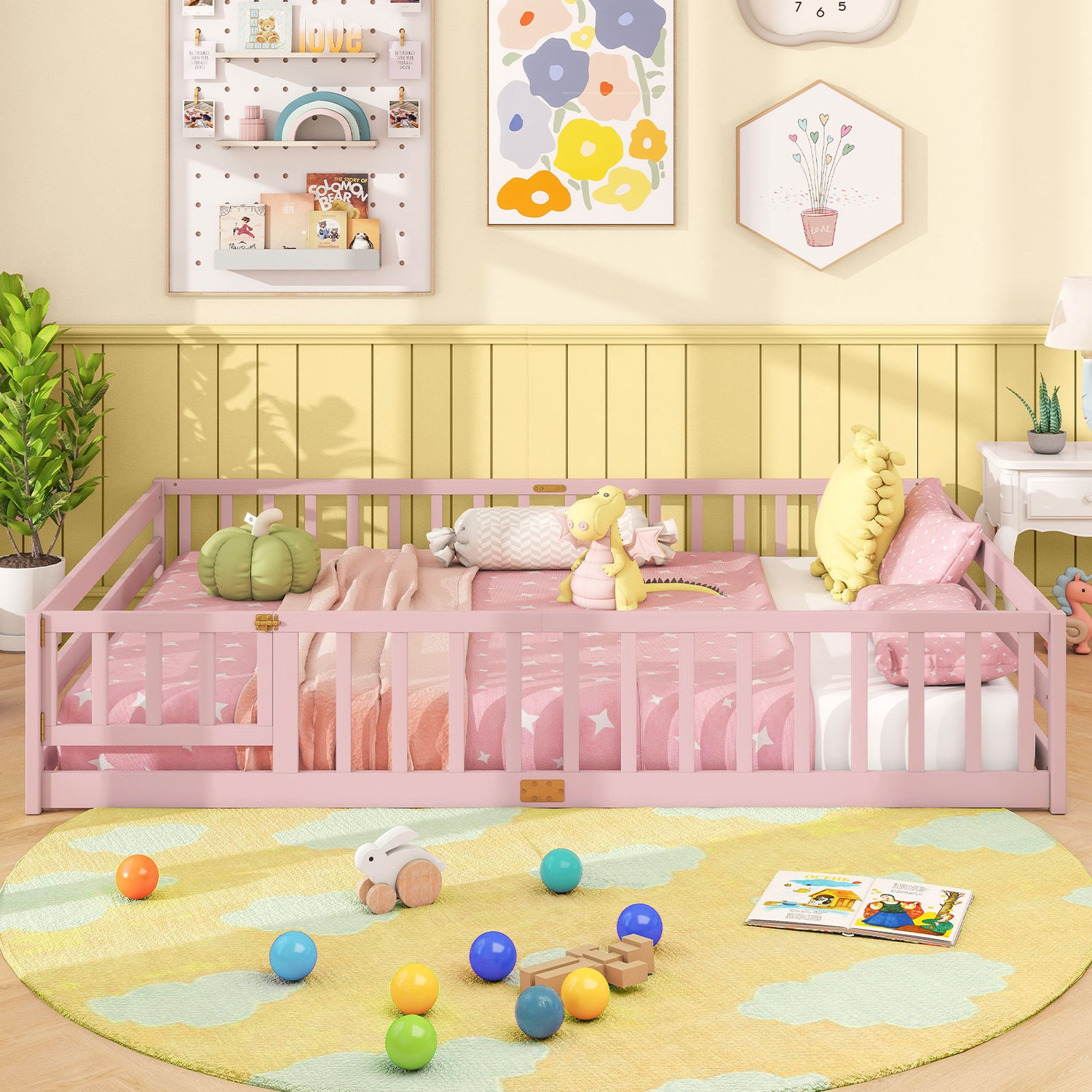 Queen Size Floor Bed Kids Montessori Bed Frame with Full Length Safety Guardrails