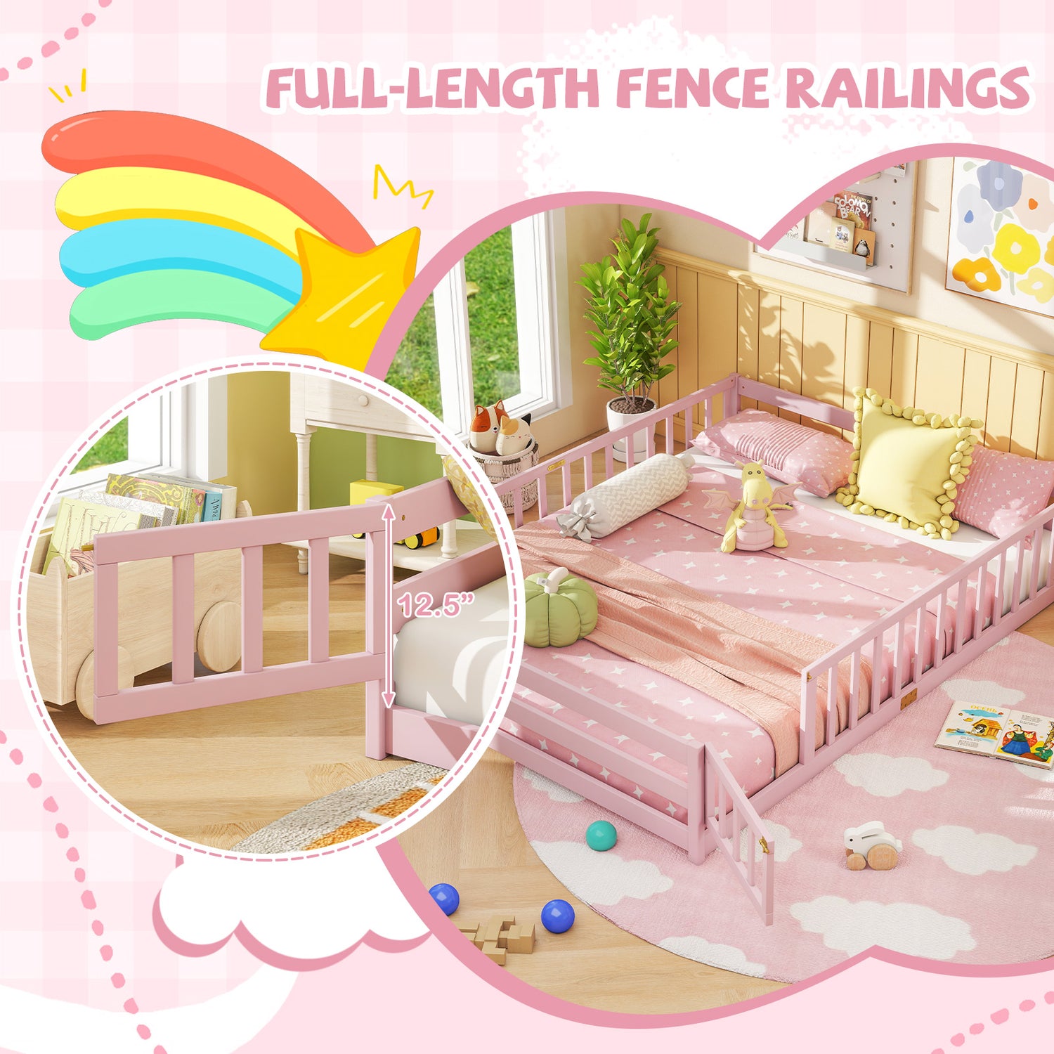 Queen Size Floor Bed Kids Montessori Bed Frame with Full Length Safety Guardrails