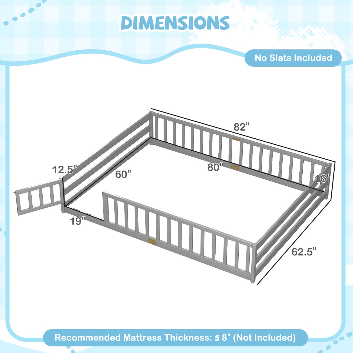 Queen Size Floor Bed Kids Montessori Bed Frame with Full Length Safety Guardrails