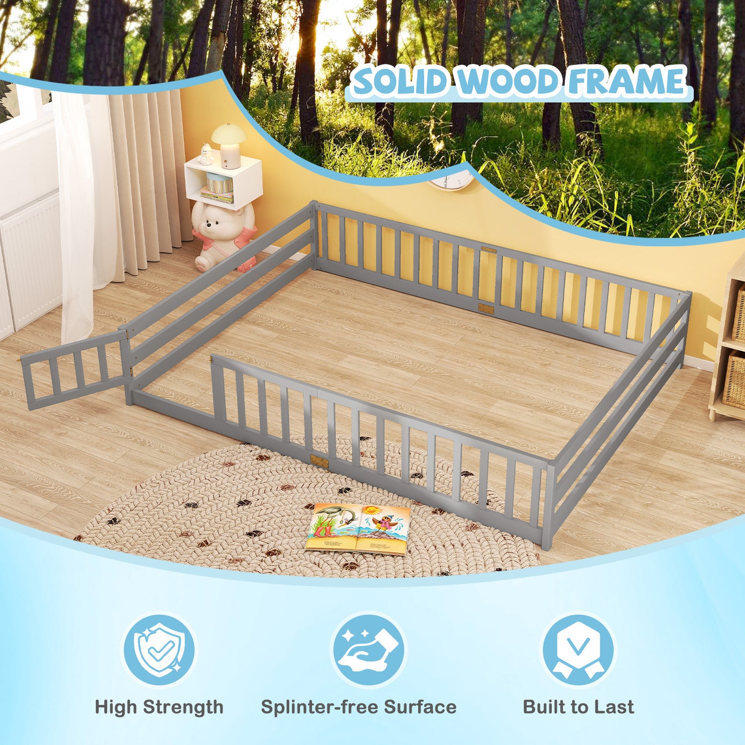 Queen Size Floor Bed Kids Montessori Bed Frame with Full Length Safety Guardrails