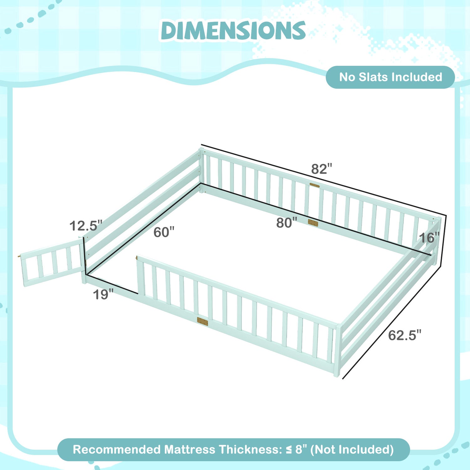 Queen Size Floor Bed Kids Montessori Bed Frame with Full Length Safety Guardrails