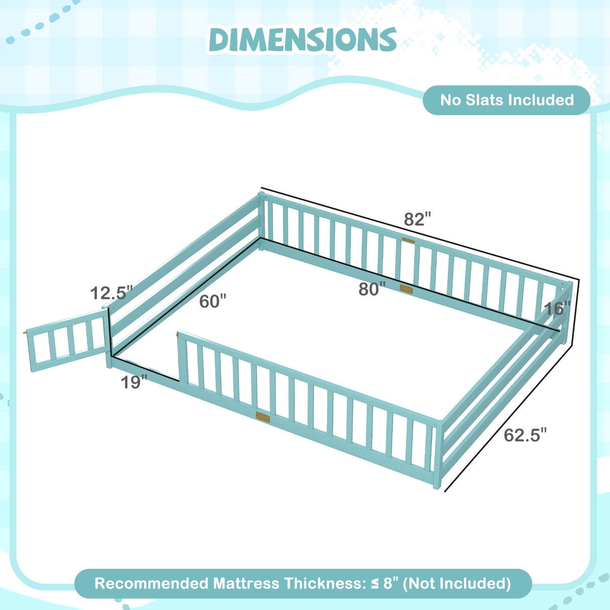 Queen Size Floor Bed Kids Montessori Bed Frame with Full Length Safety Guardrails