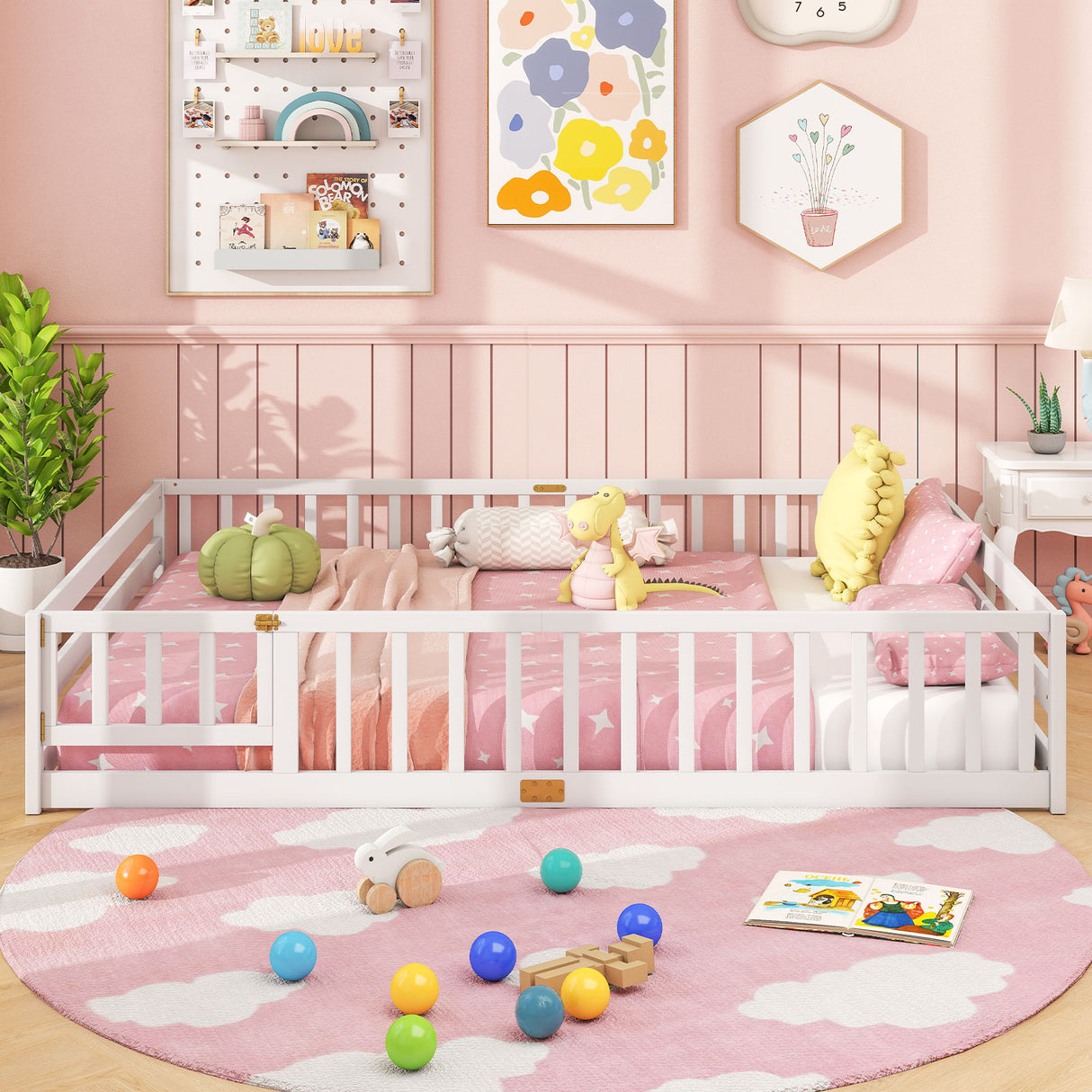 Queen Size Floor Bed Kids Montessori Bed Frame with Full Length Safety Guardrails