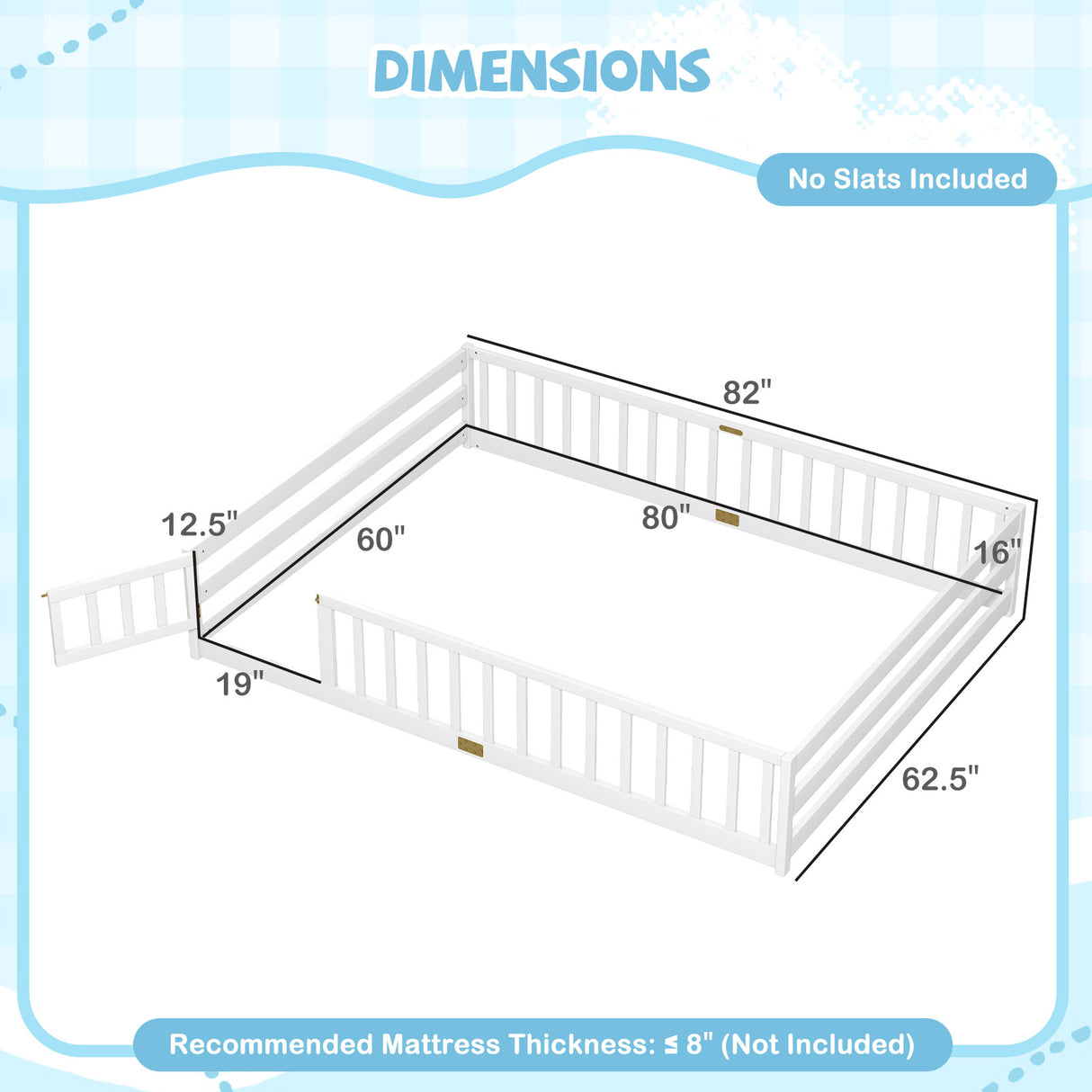Queen Size Floor Bed Kids Montessori Bed Frame with Full Length Safety Guardrails
