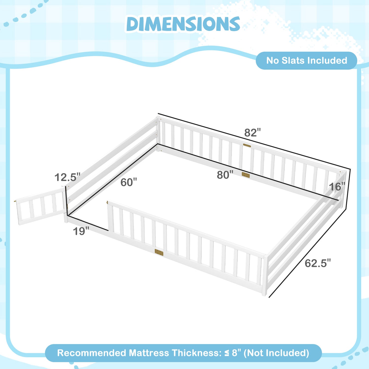 Queen Size Floor Bed Kids Montessori Bed Frame with Full Length Safety Guardrails