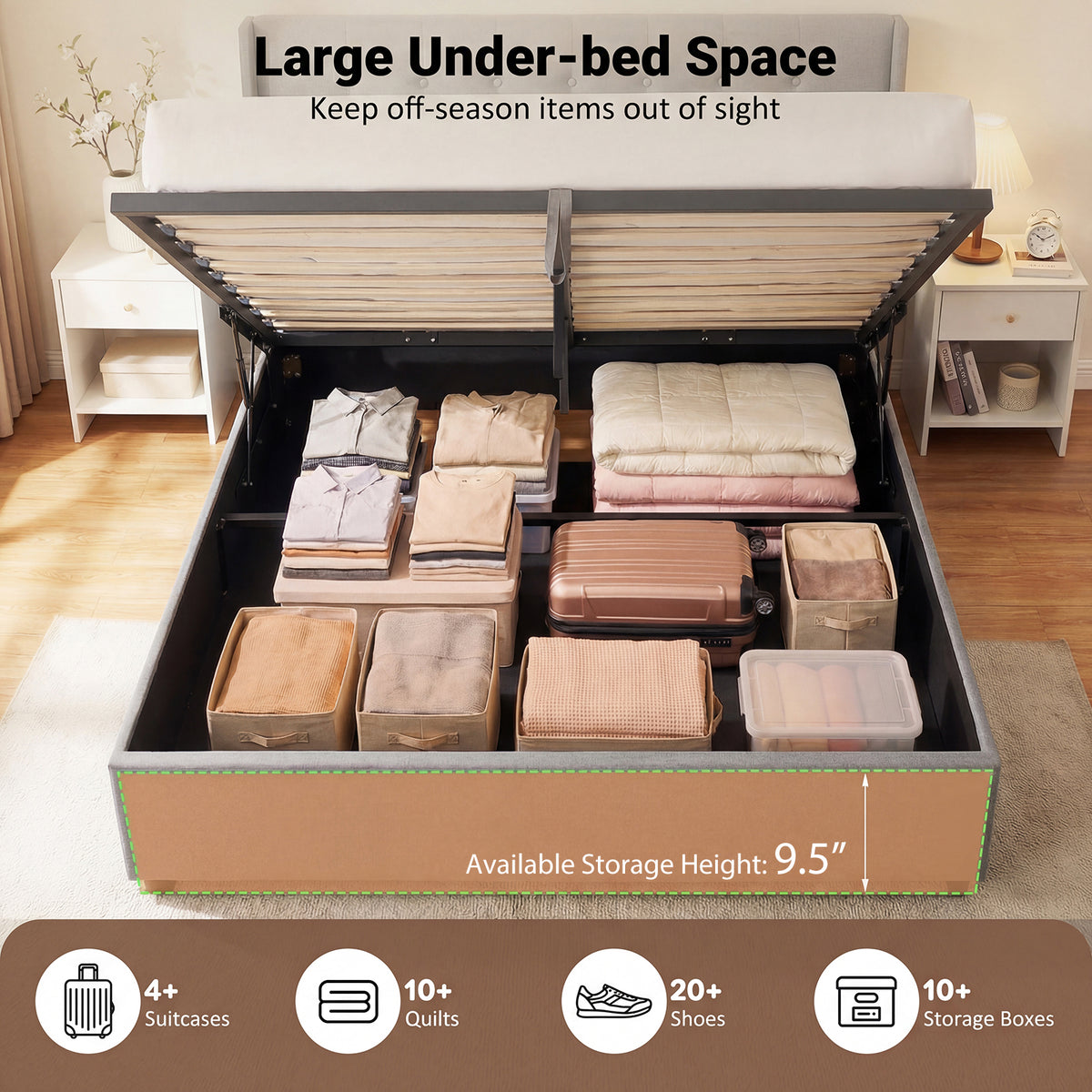 Queen Size Lift-up Storage Bed Modern Linen Upholstered Platform Bed
