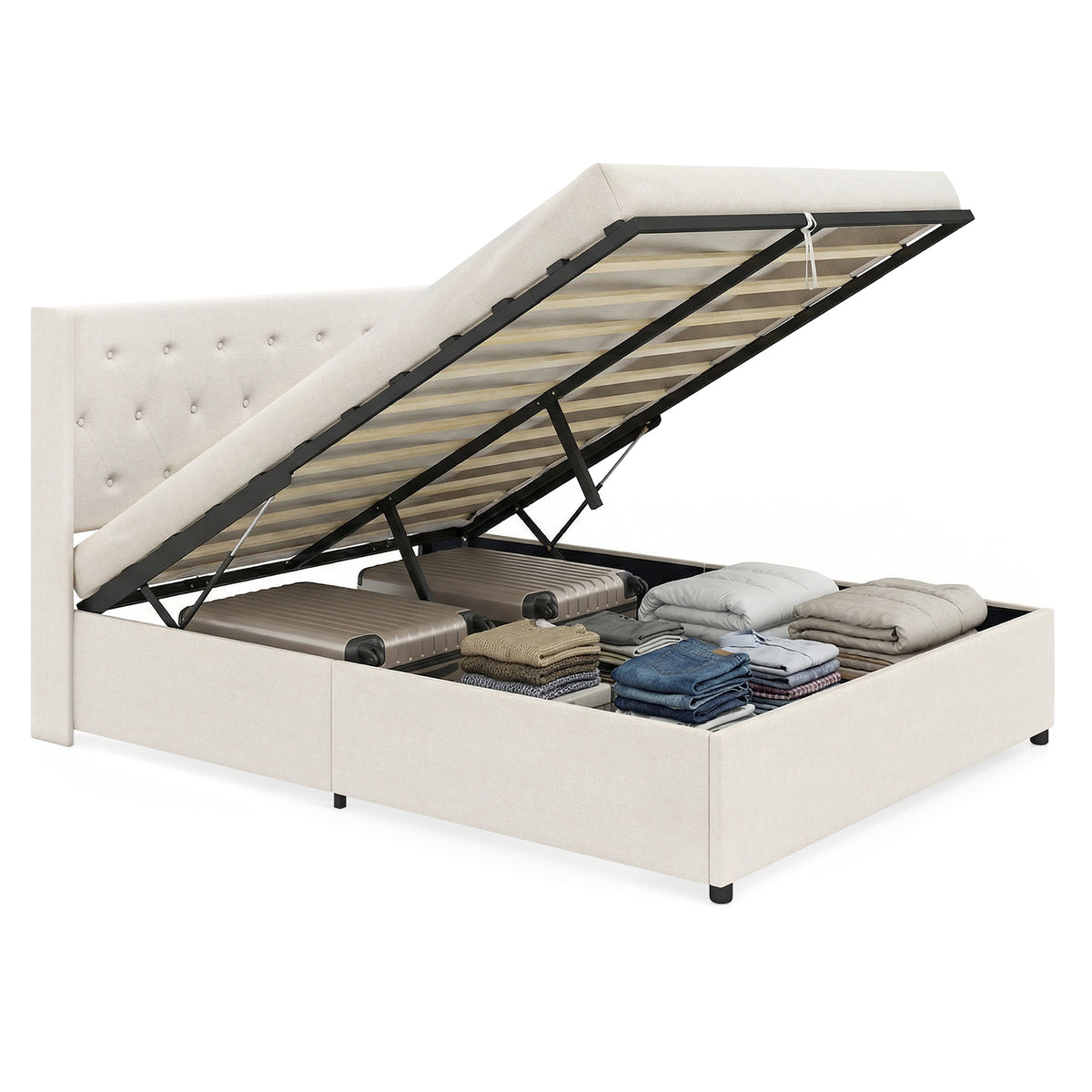 Queen Size Lift-up Storage Bed Modern Linen Upholstered Platform Bed