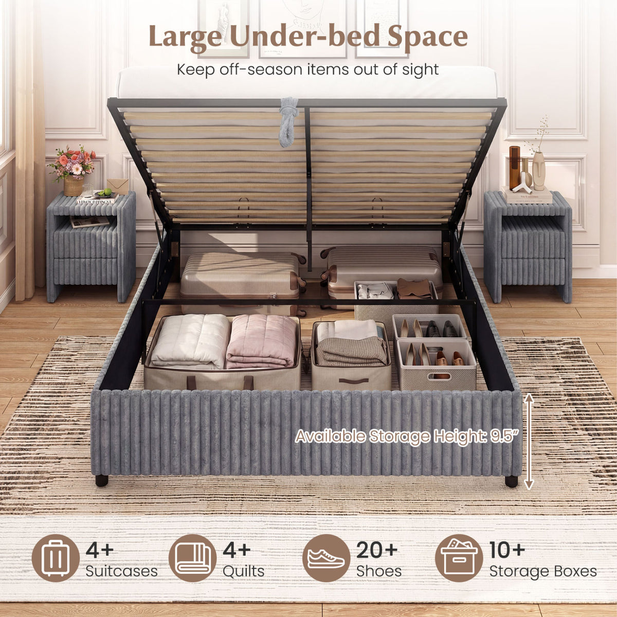 Queen Size Lift-up Storage Bed with Wooden Slat Support