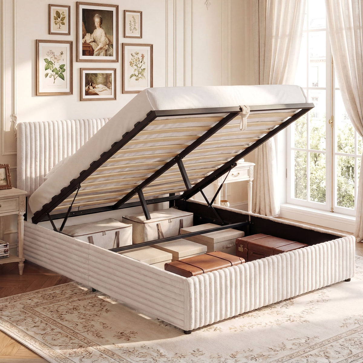 Queen Size Lift-up Storage Bed with Wooden Slat Support