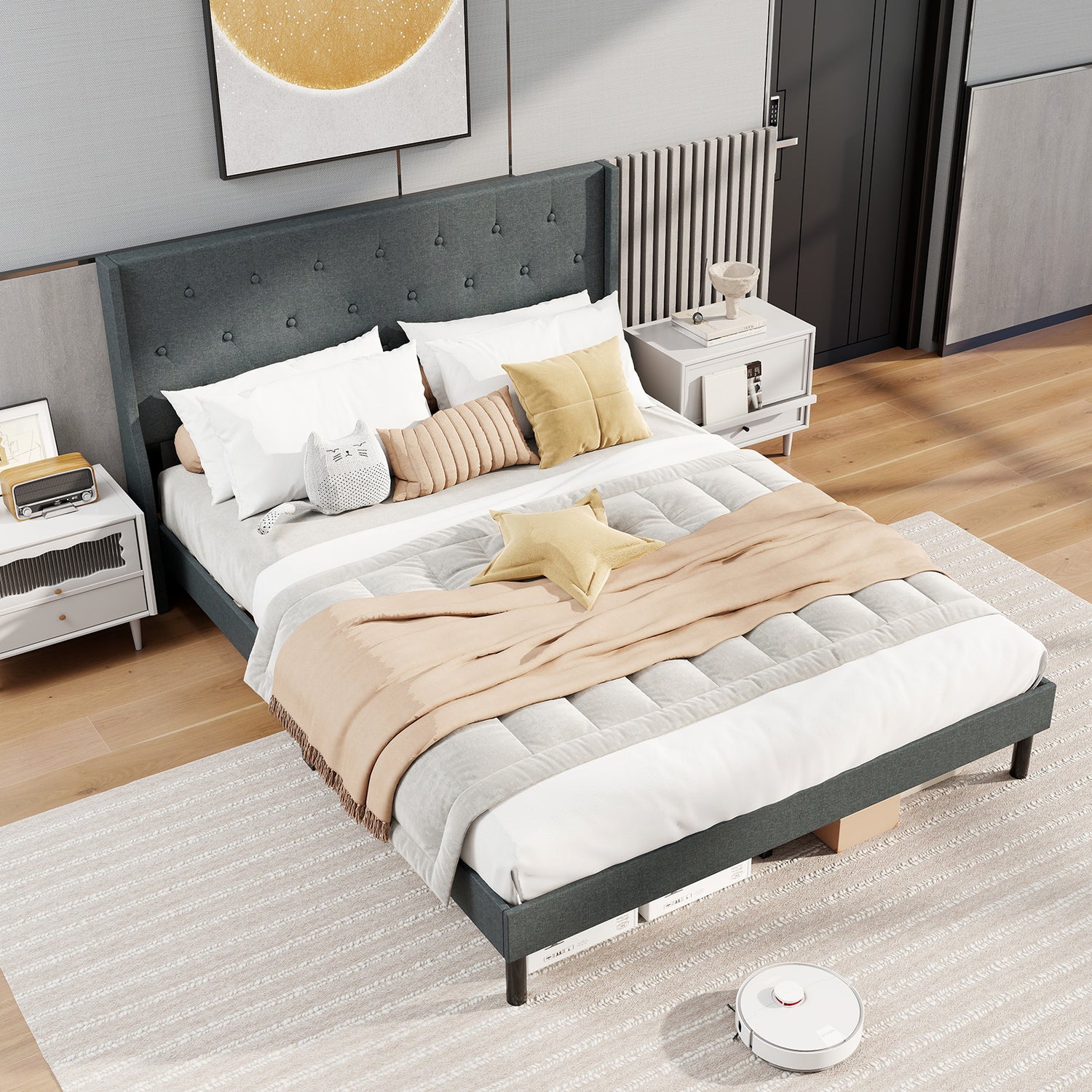 Queen Size Upholstered Bed Frame with Button Tufted Wingback Headboard and Wooden Slats Support Mattress Foundation-Gray