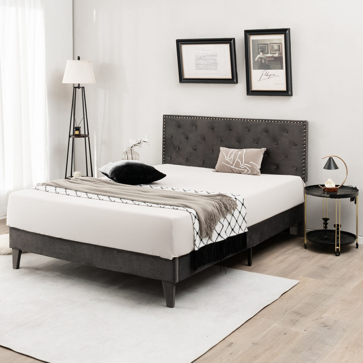 Full/Queen Size Upholstered Platform Bed with Tufted Headboard