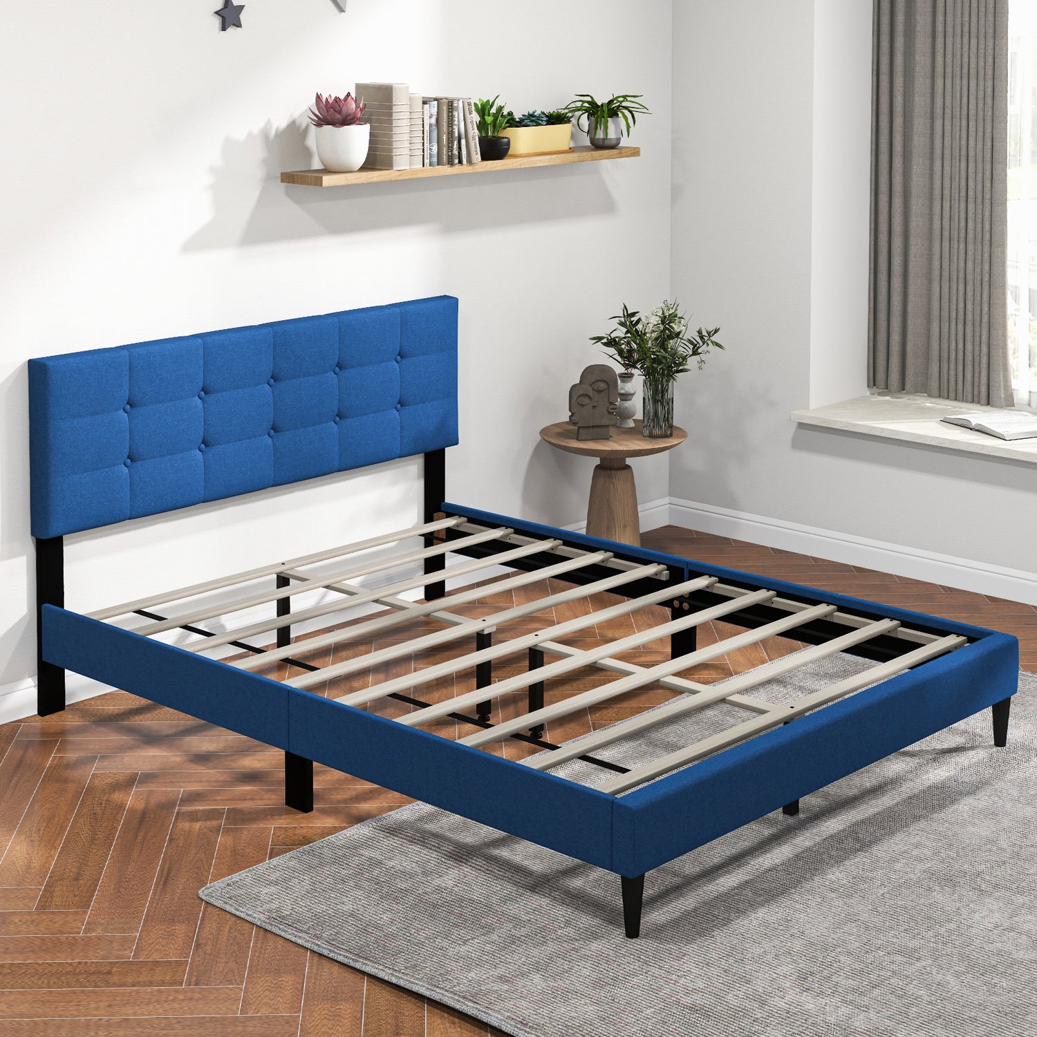 Queen Size Upholstered Platform Bed with Button Tufted Headboard