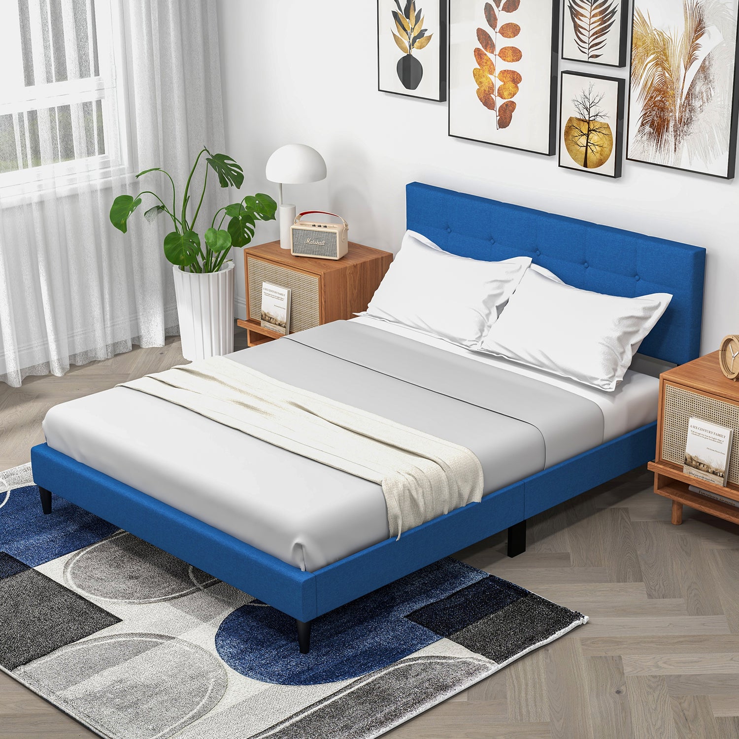 Queen Size Upholstered Platform Bed with Button Tufted Headboard
