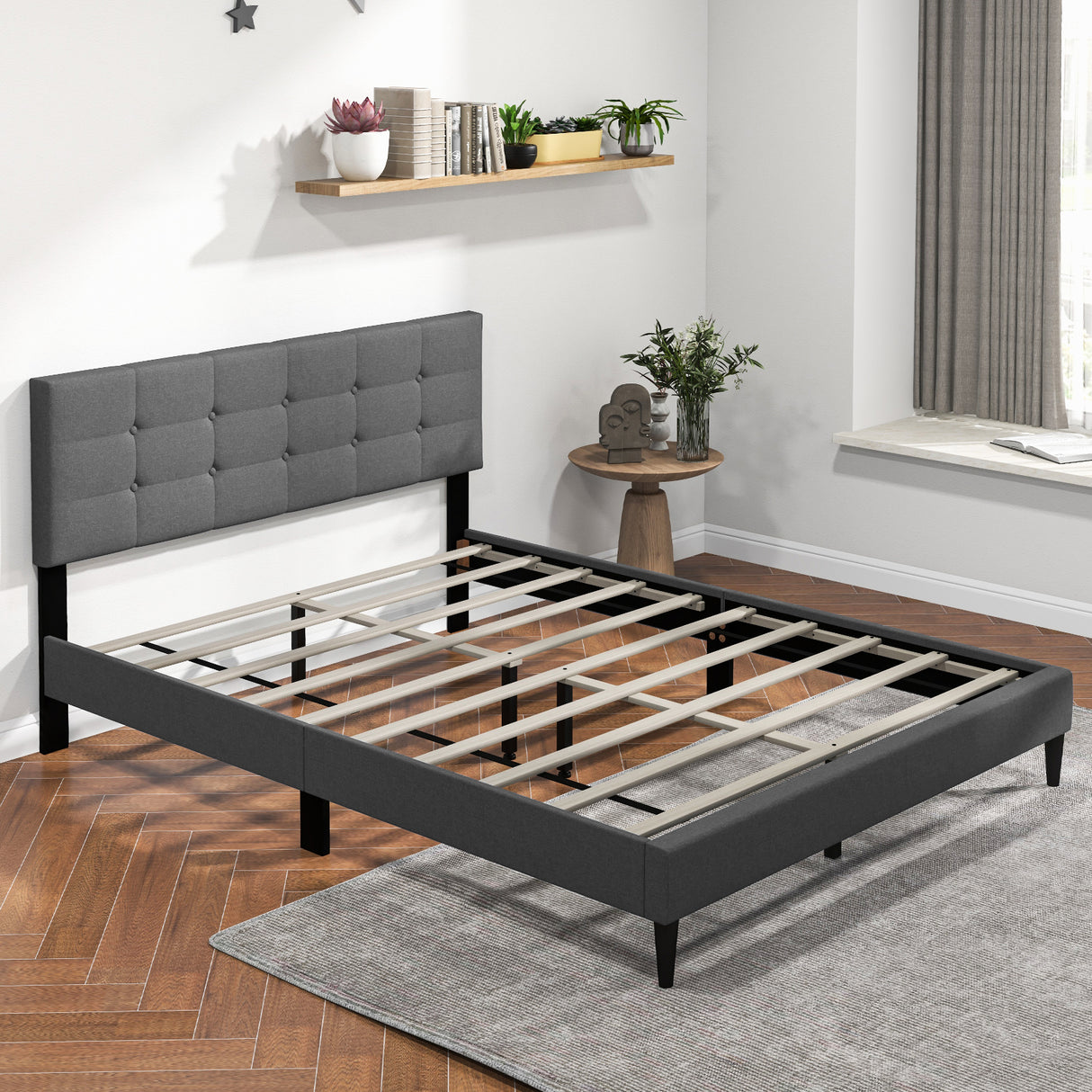 Queen Size Upholstered Platform Bed with Button Tufted Headboard