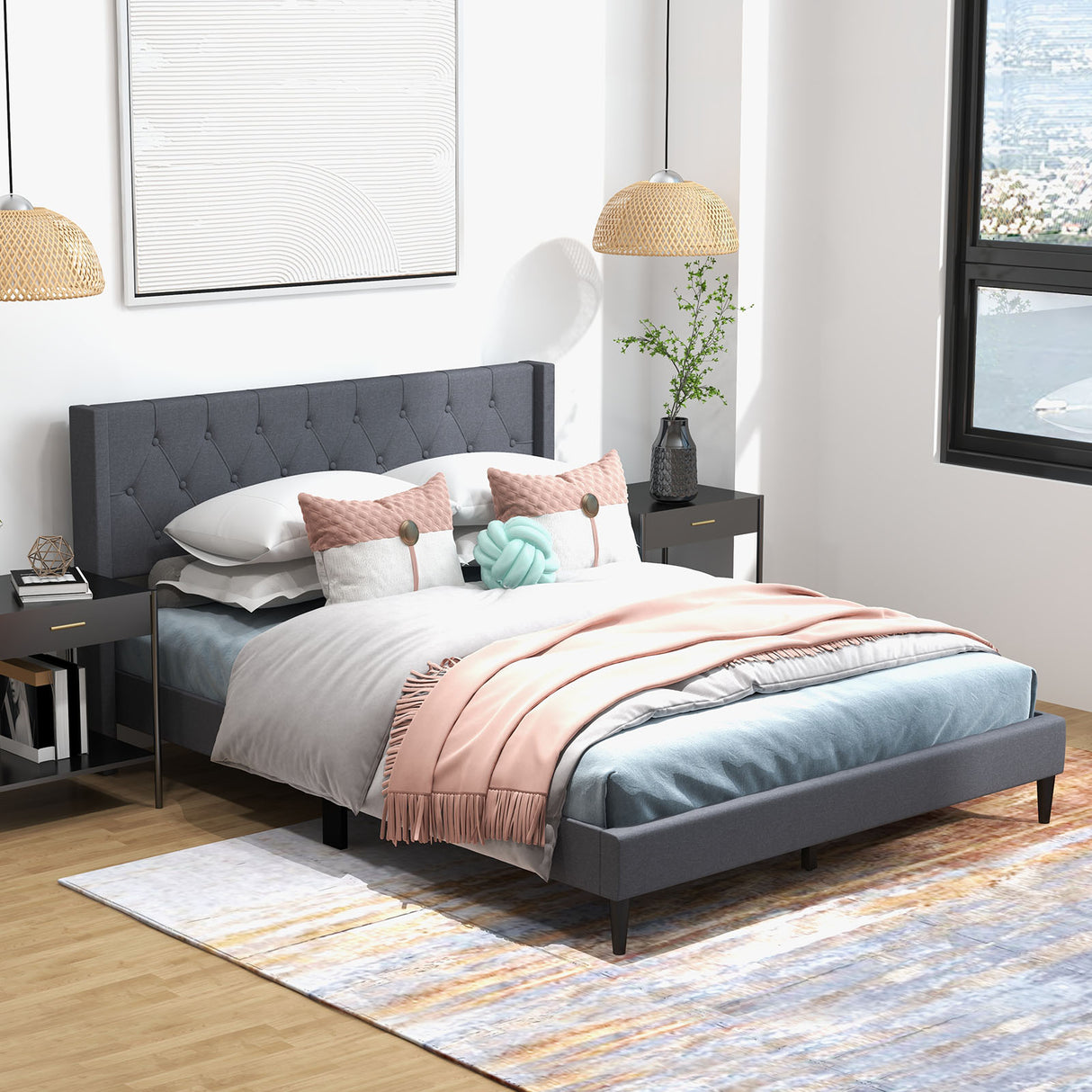 Queen Size Upholstered Platform Bed with Button Tufted Wingback Headboard