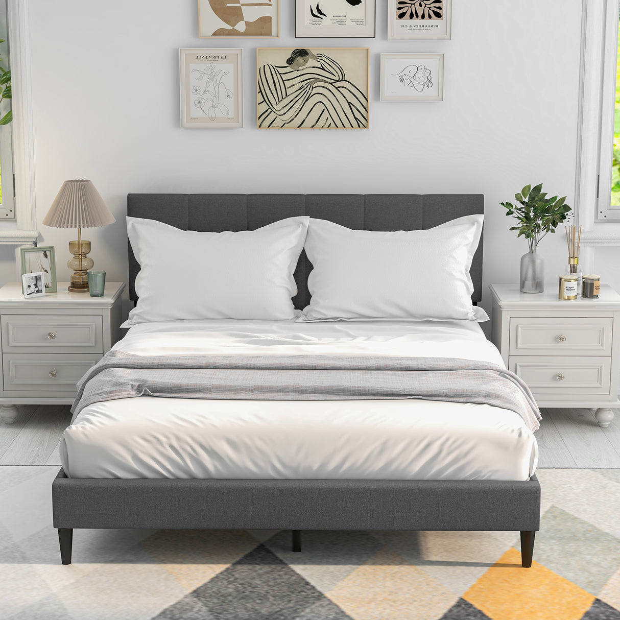 Queen Size Upholstered Platform Bed with Button Tufted Headboard