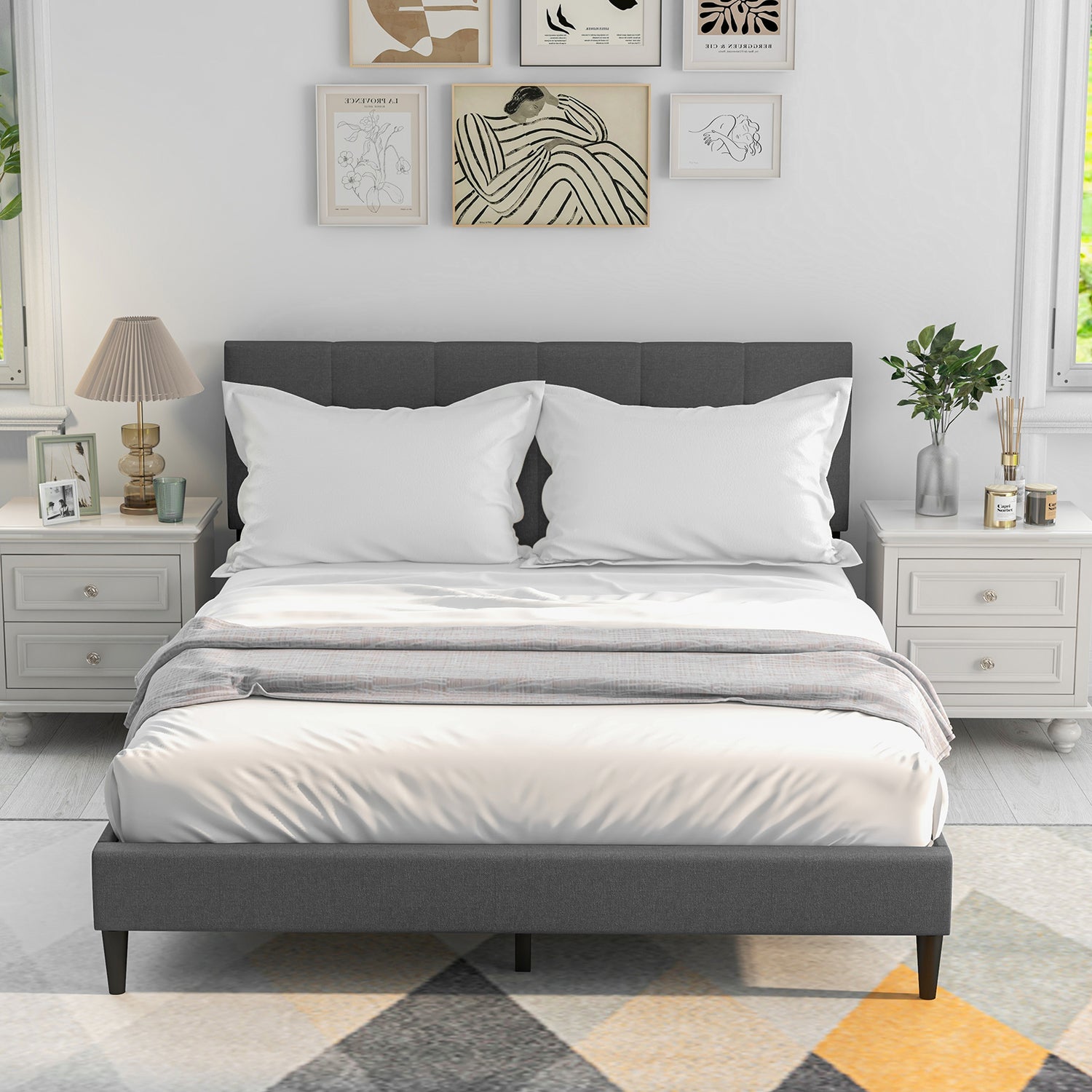 Queen Size Upholstered Platform Bed with Button Tufted Headboard
