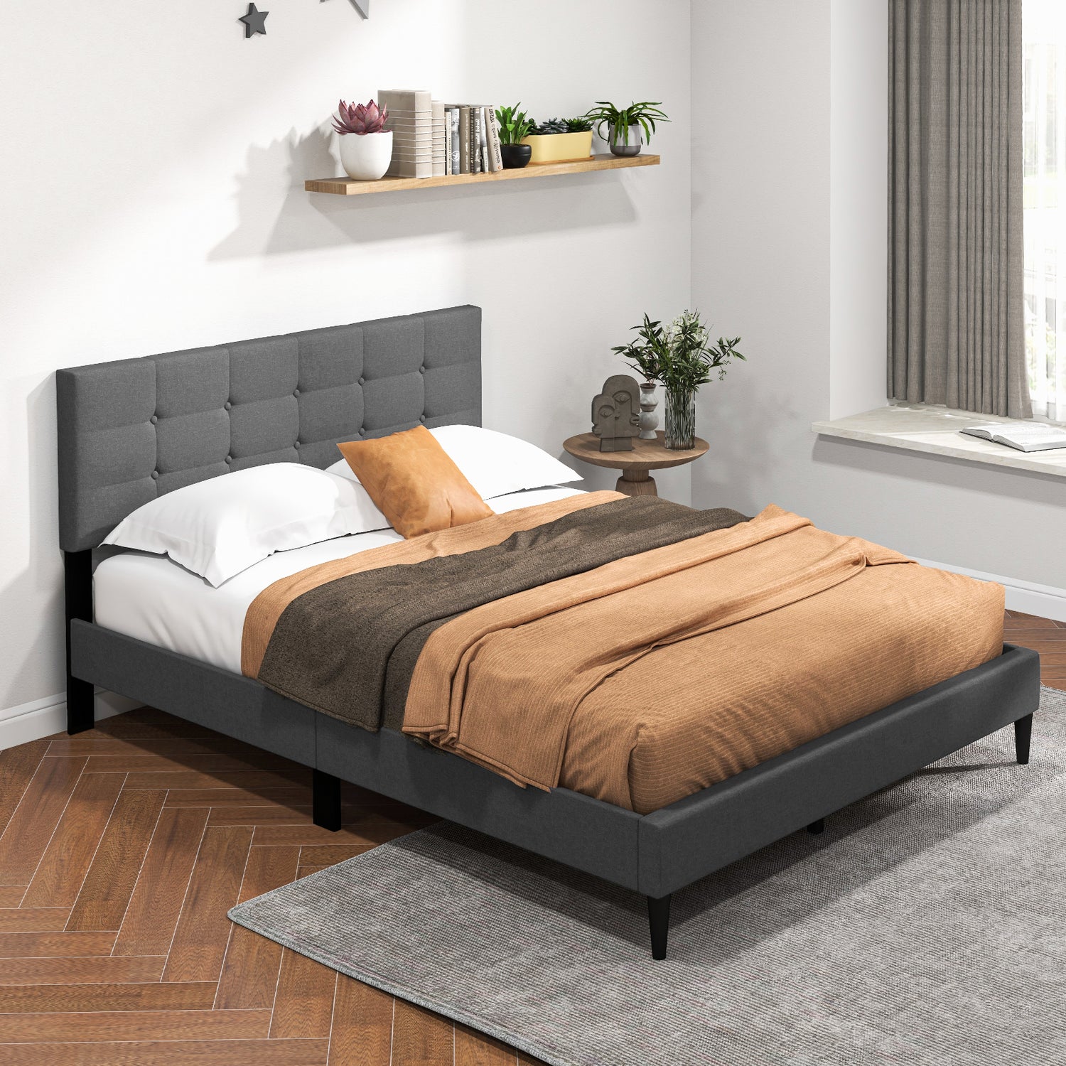 Queen Size Upholstered Platform Bed with Button Tufted Headboard