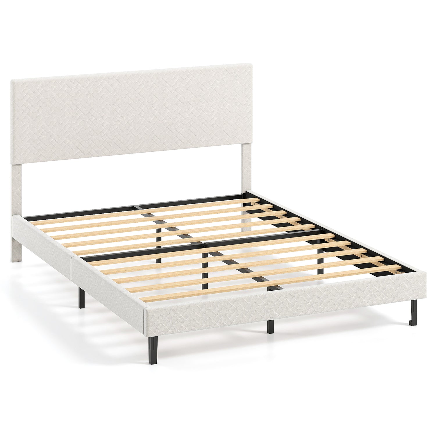 Twin/Full/Queen Size Velvet Bed Frame Upholstered Platform Bed with Chevron Headboard Beige