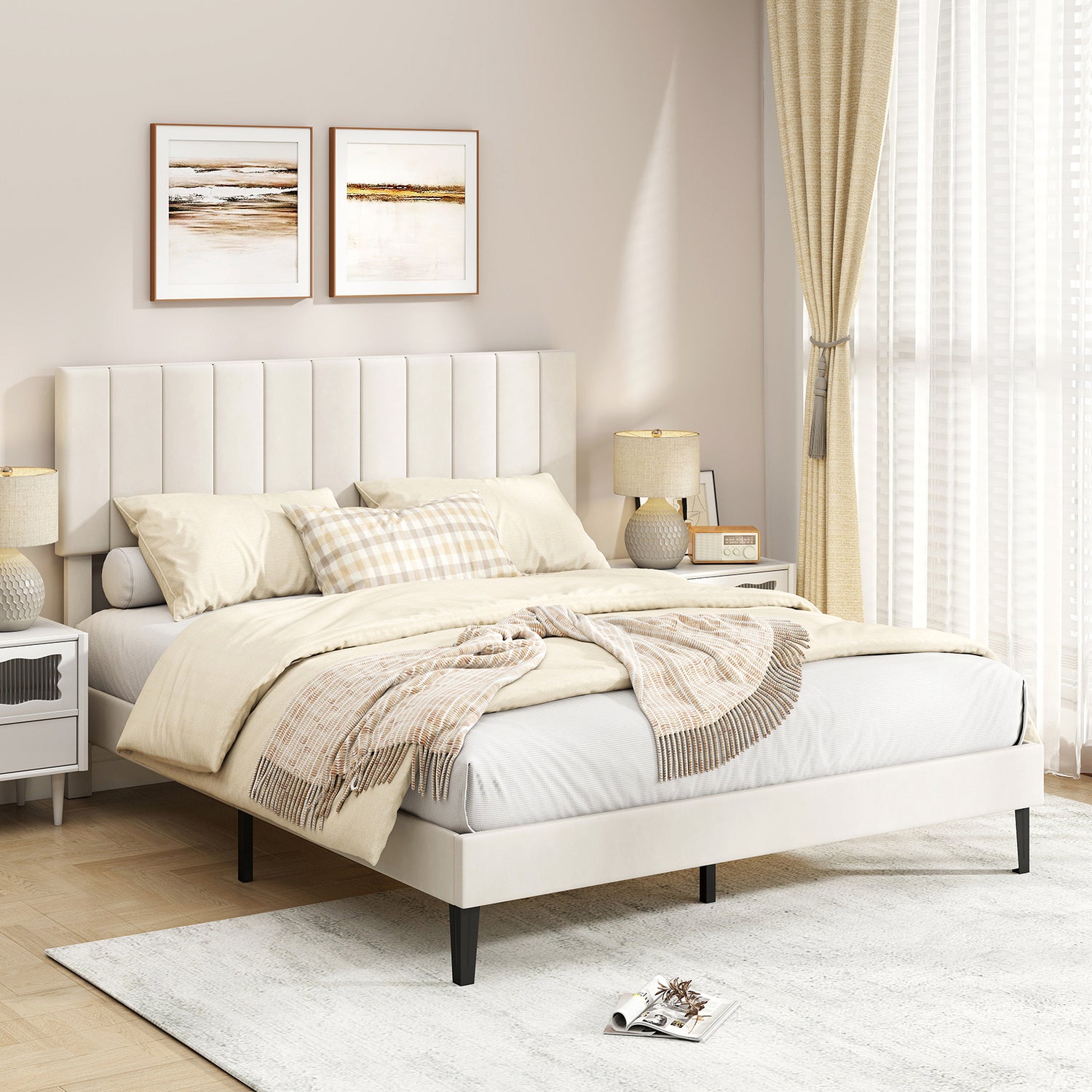 Queen Size Velvet Upholstered Platform Bed Frame