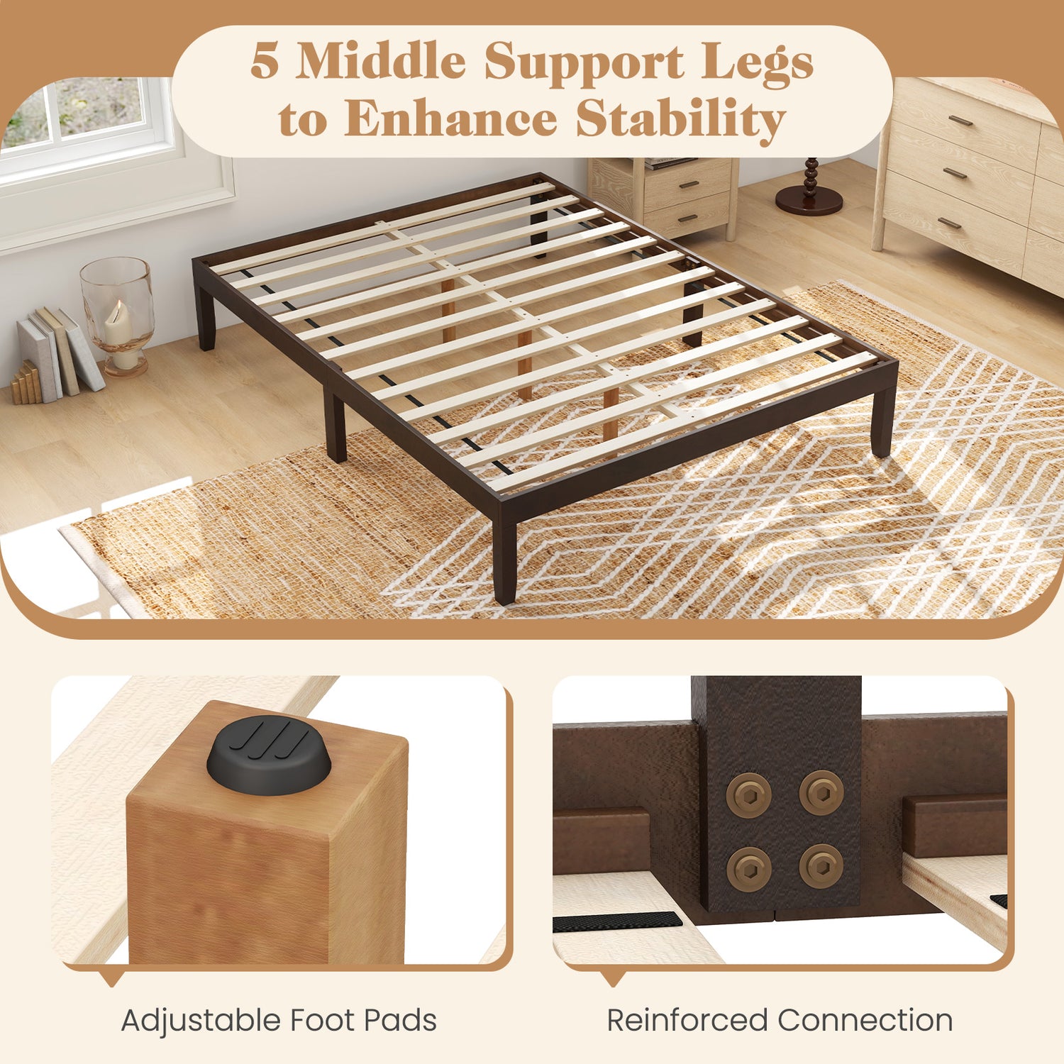 Queen Size Wood Bed Frame with Wooden Slats Support and Rubber Wood Legs