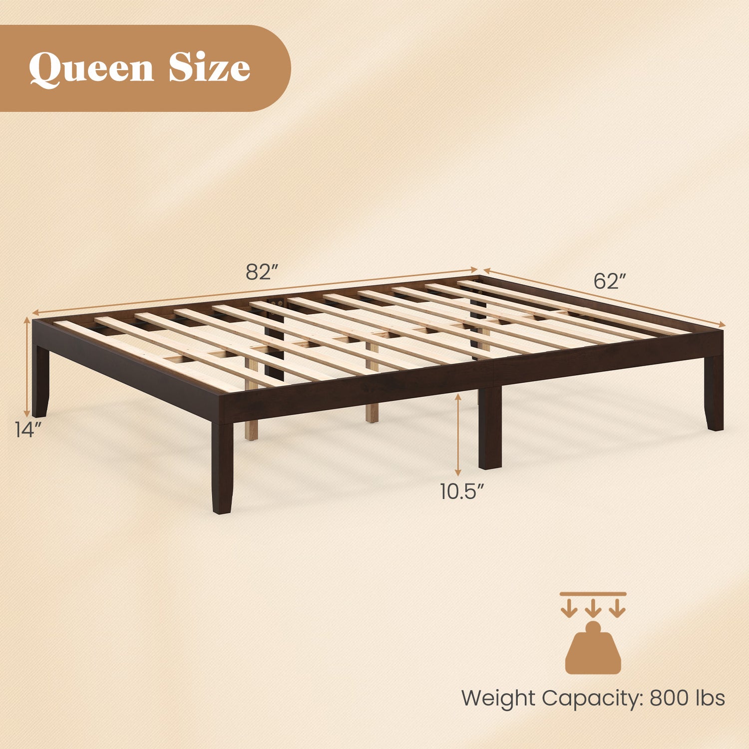 Queen Size Wood Bed Frame with Wooden Slats Support and Rubber Wood Legs