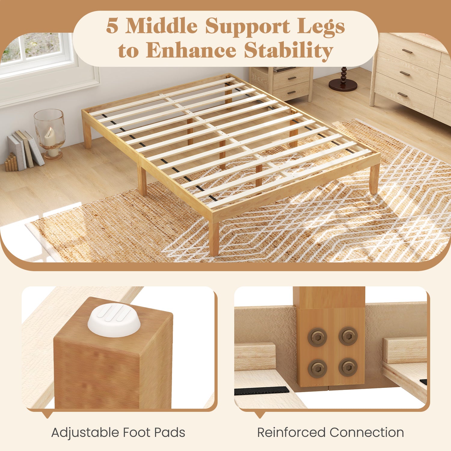 Queen Size Wood Bed Frame with Wooden Slats Support and Rubber Wood Legs