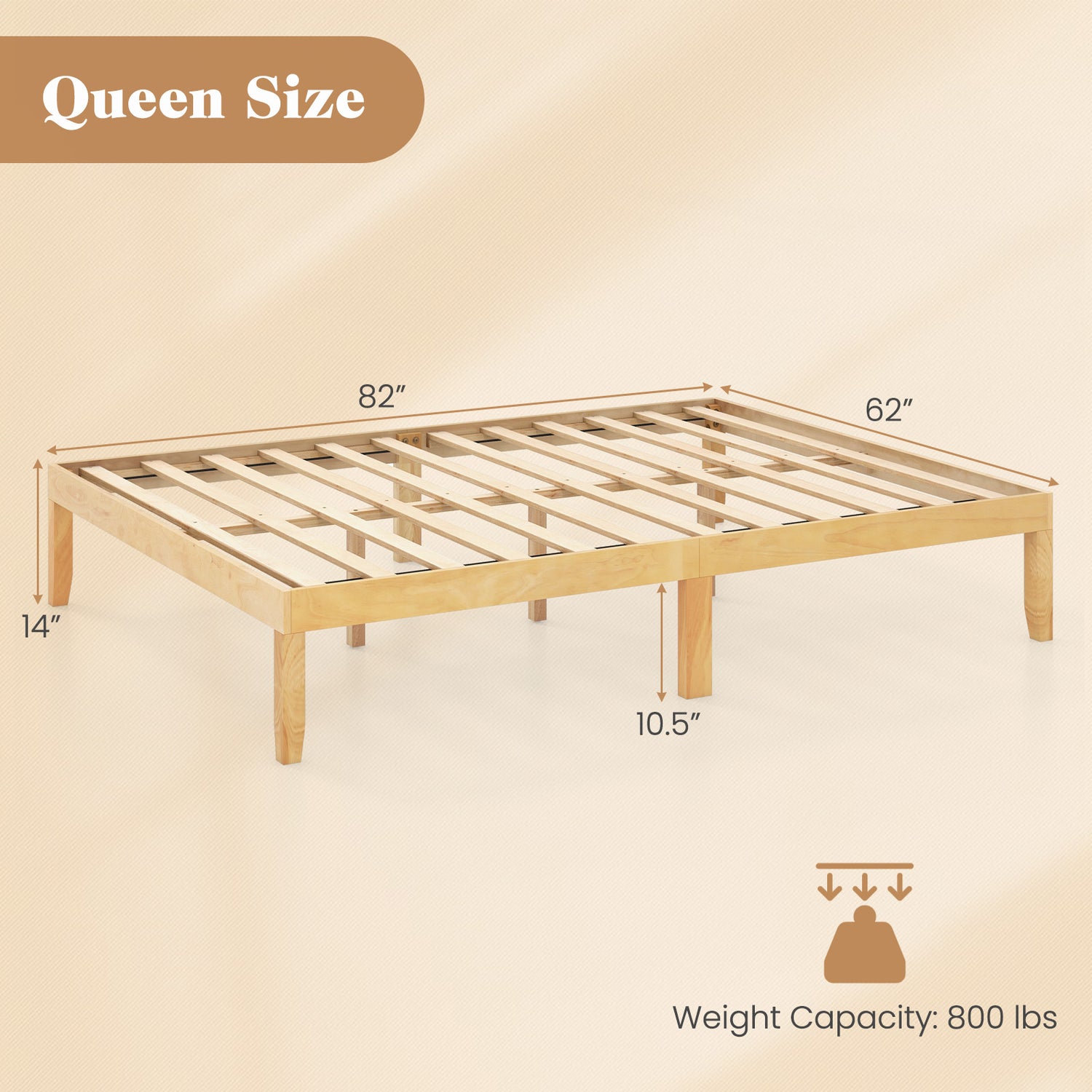 Queen Size Wood Bed Frame with Wooden Slats Support and Rubber Wood Legs