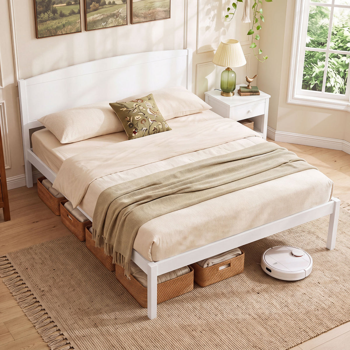 Queen Size Wooden Platform Bed Frame with Curved Headboard
