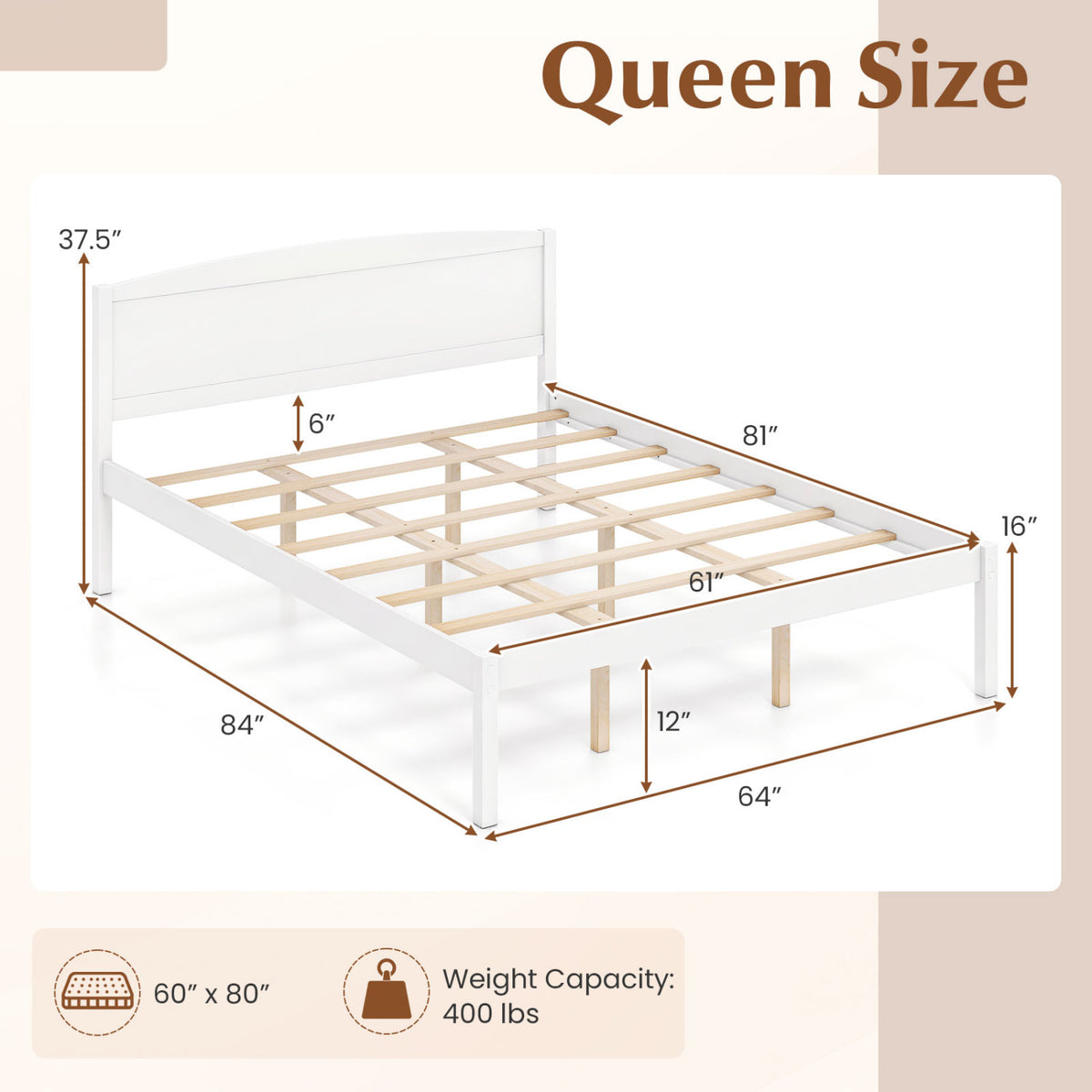 Queen Size Wooden Platform Bed Frame with Curved Headboard