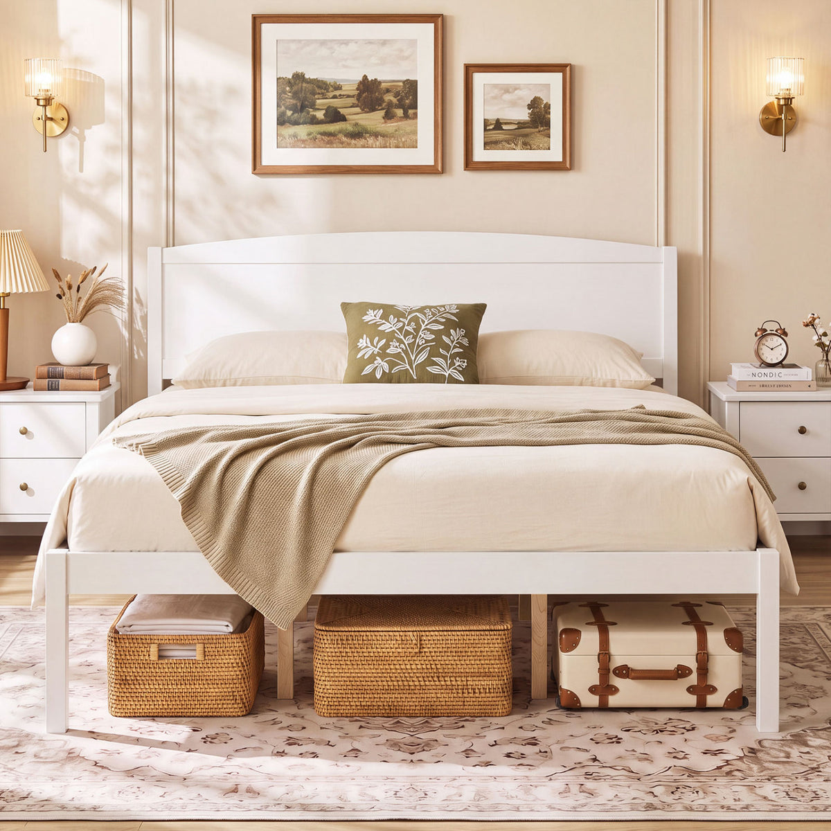 Queen Size Wooden Platform Bed Frame with Curved Headboard