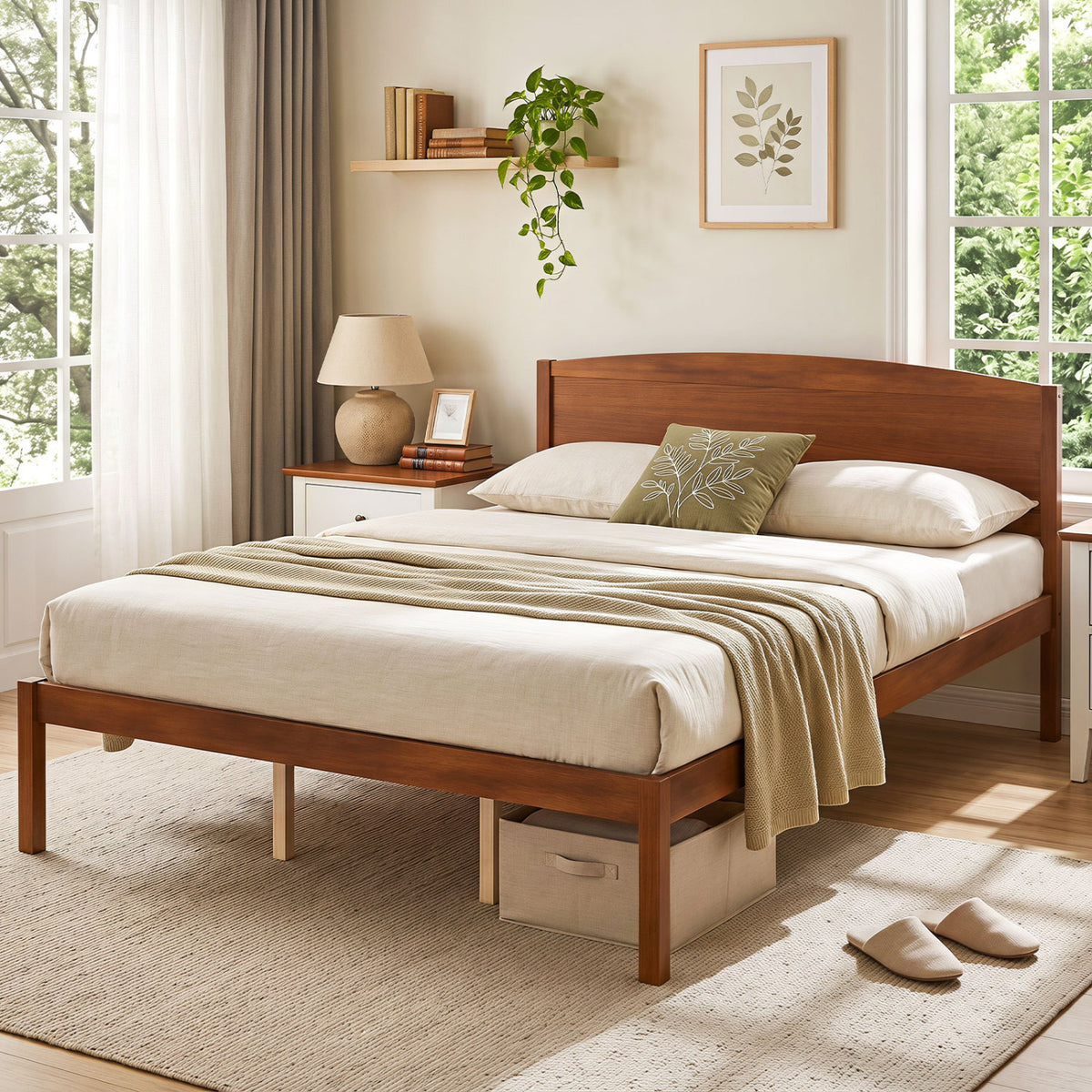 Queen Size Wooden Platform Bed Frame with Curved Headboard