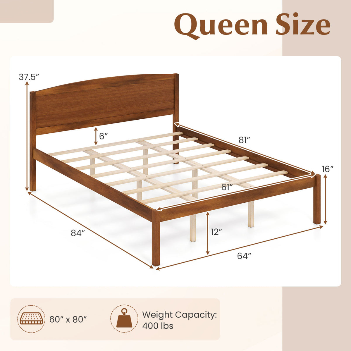 Queen Size Wooden Platform Bed Frame with Curved Headboard