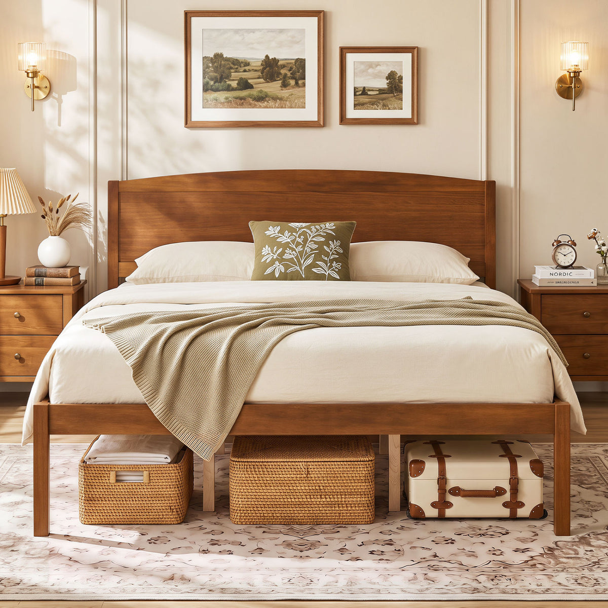 Queen Size Wooden Platform Bed Frame with Curved Headboard