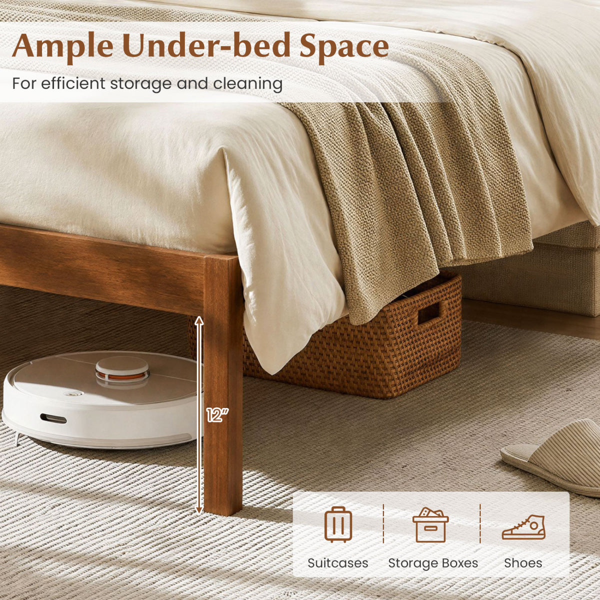 Queen Size Wooden Platform Bed Frame with Curved Headboard