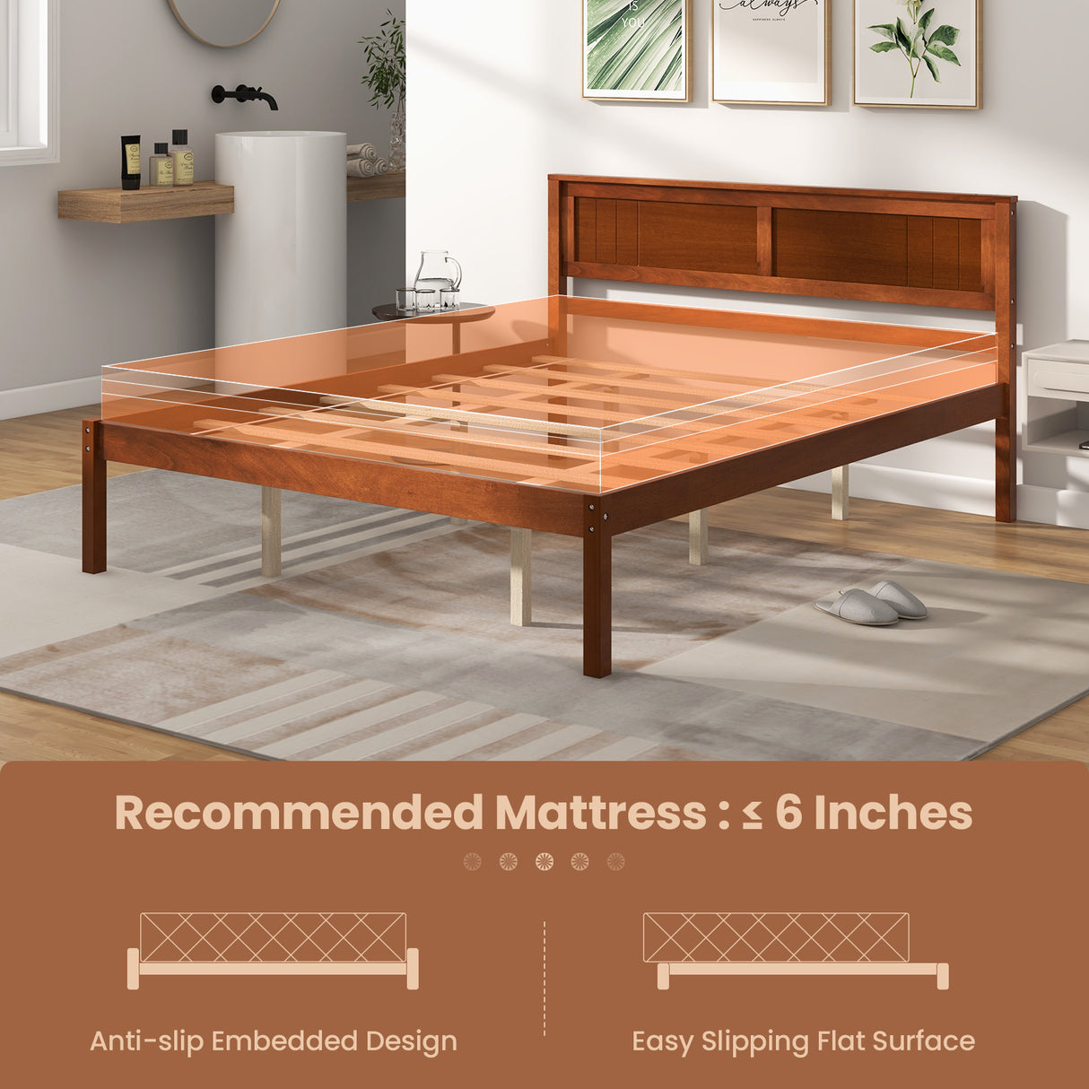 Twin/Full/Queen Size Bed Frame with Wooden Headboard and Slat Support